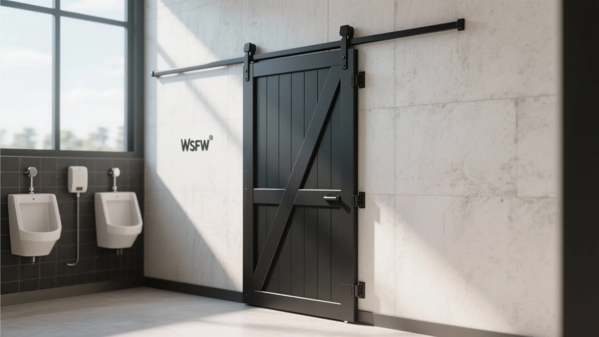 Black sliding door on track beside two white urinals in a bright modern public restroom