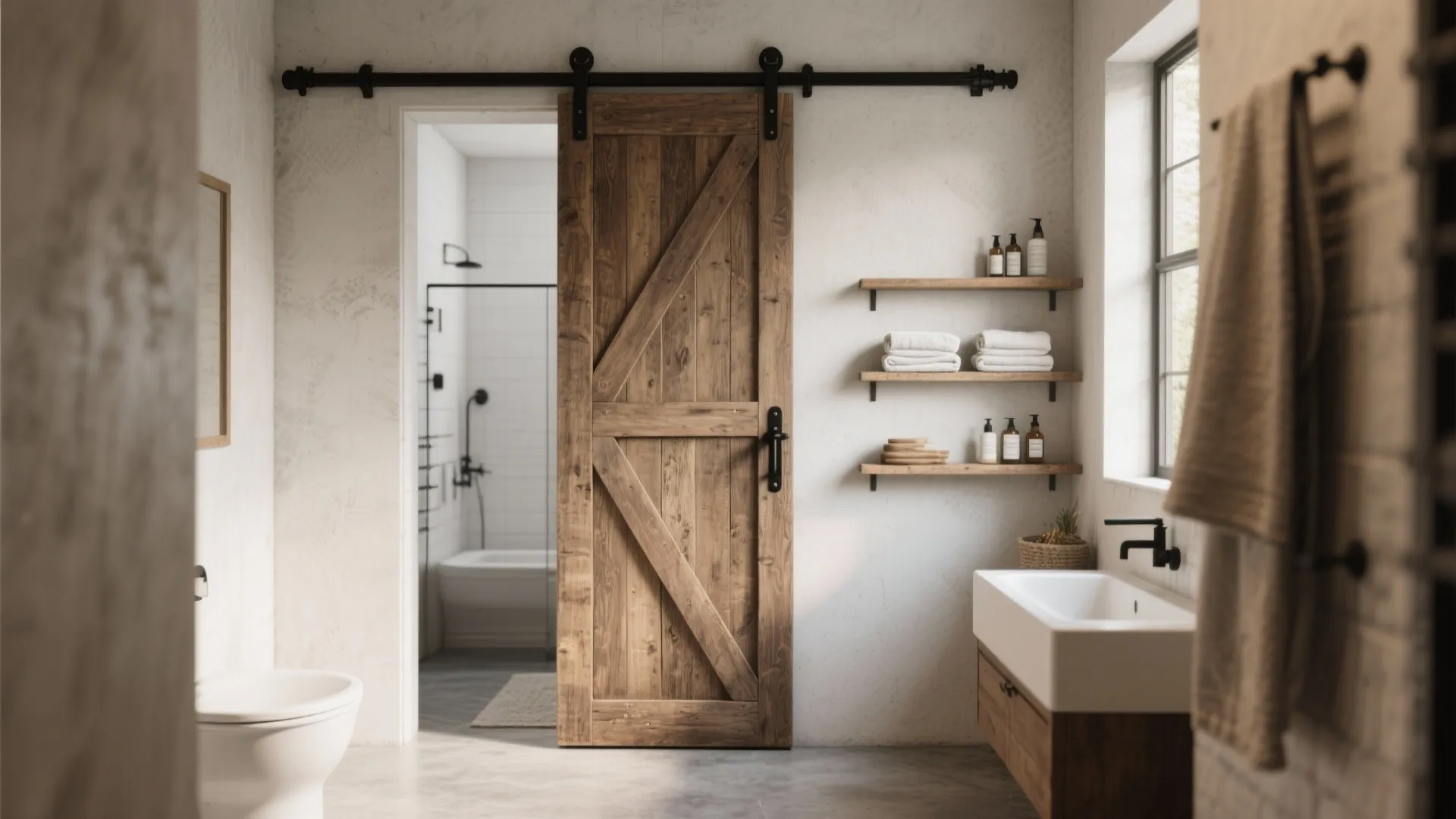 2. Barn-Style Track Doors with Built-In Shelves