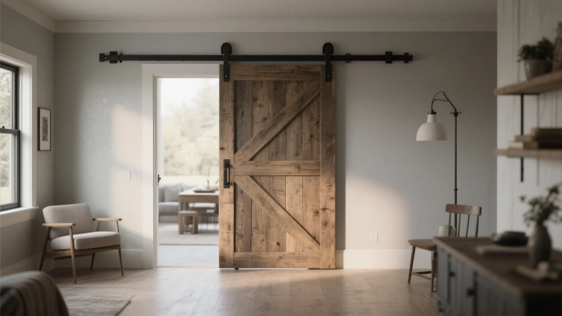 Rustic wooden sliding barn door with black metal track in a modern neutral living room