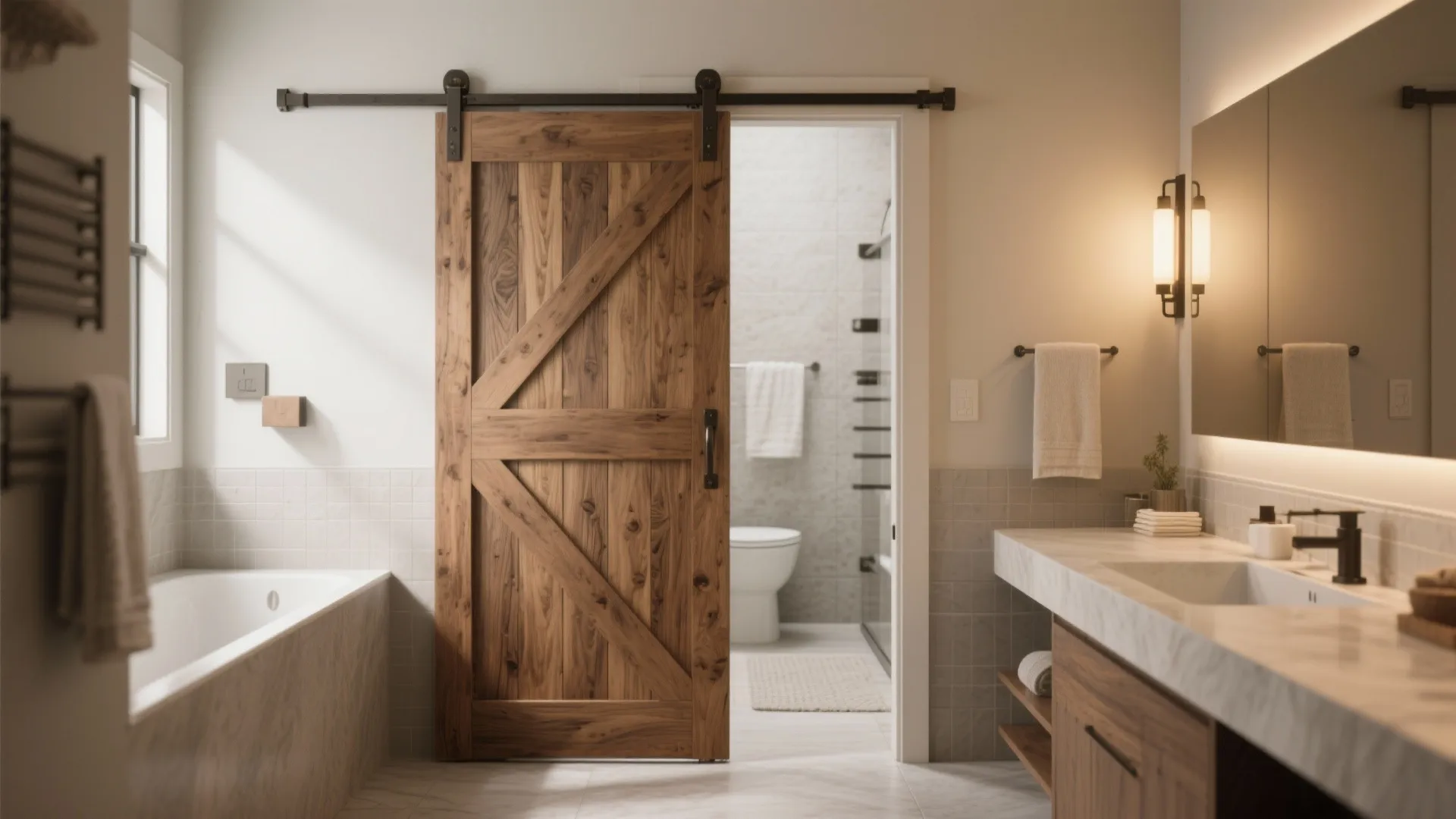 Rustic wood sliding door in a bright bathroom with white bathtub marble counter and wall lights