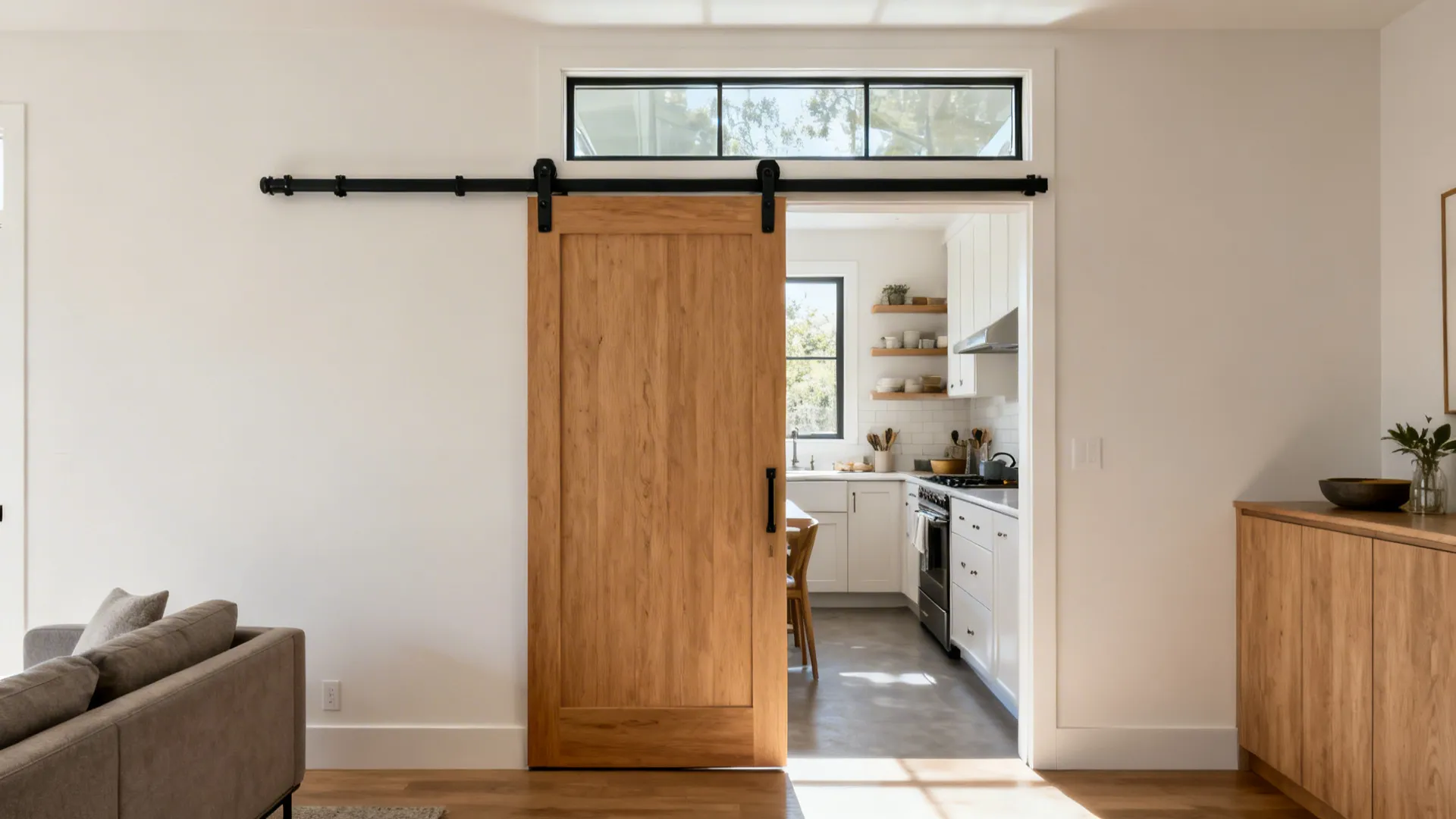 Wooden sliding door with black metal hardware opening into a bright white kitchen with windows