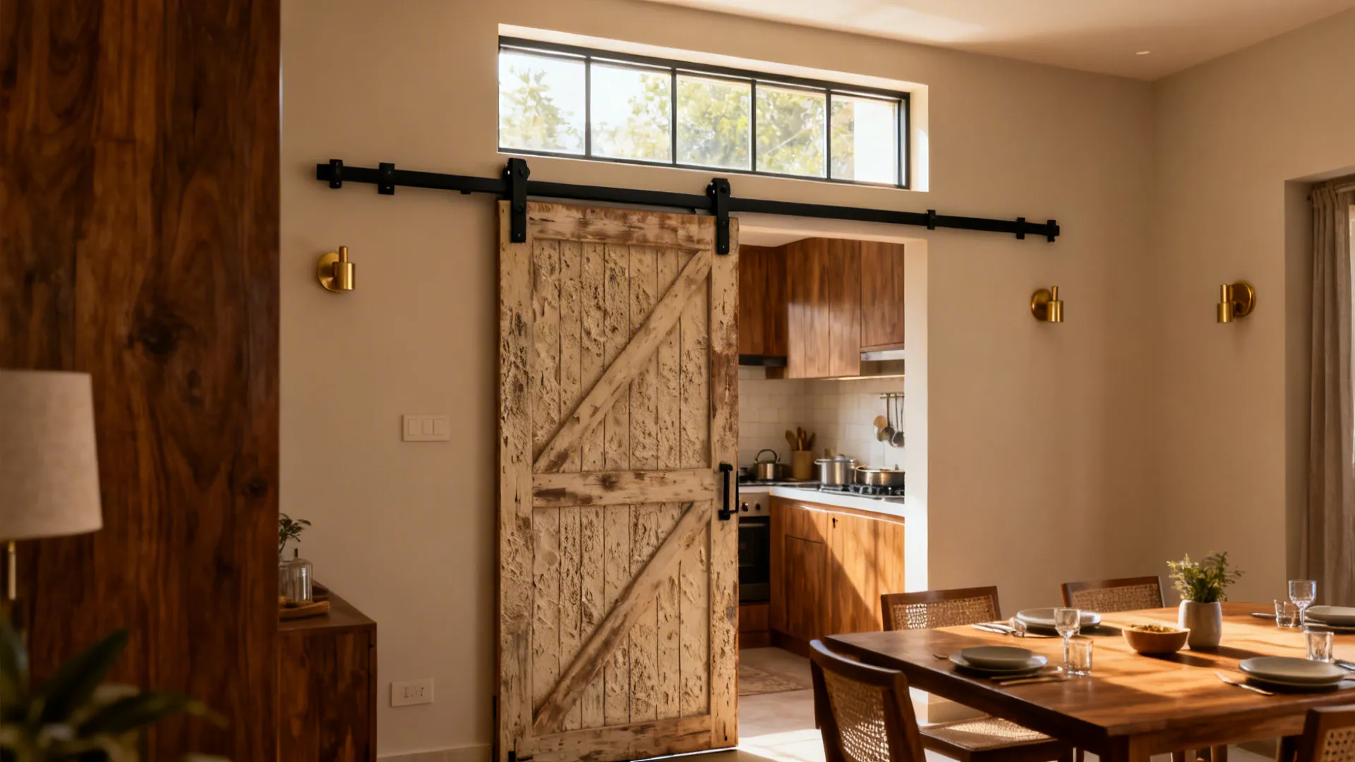 Sliding Barn-Style Door with Transom Light