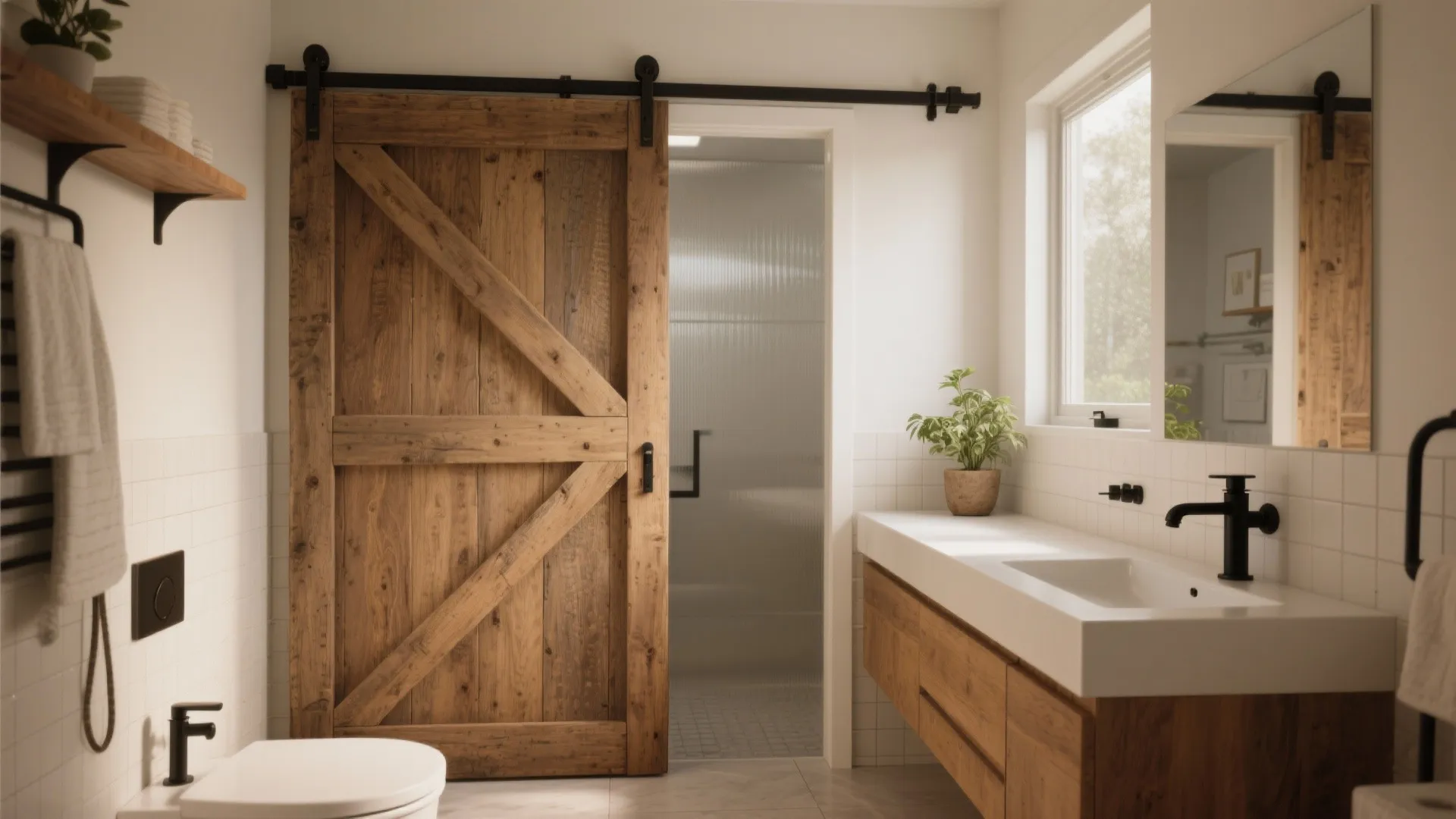 Modern bathroom featuring a sliding wooden barn door white sink cabinet and a black wall faucet