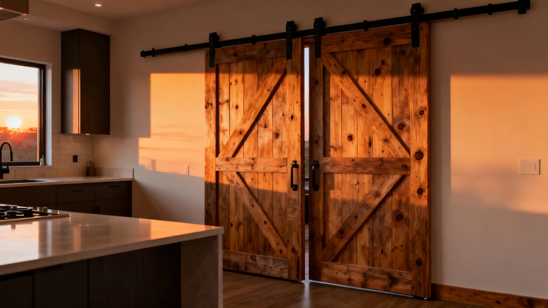 Rustic wooden sliding barn doors in kitchen with warm sunset light and clean white painted walls