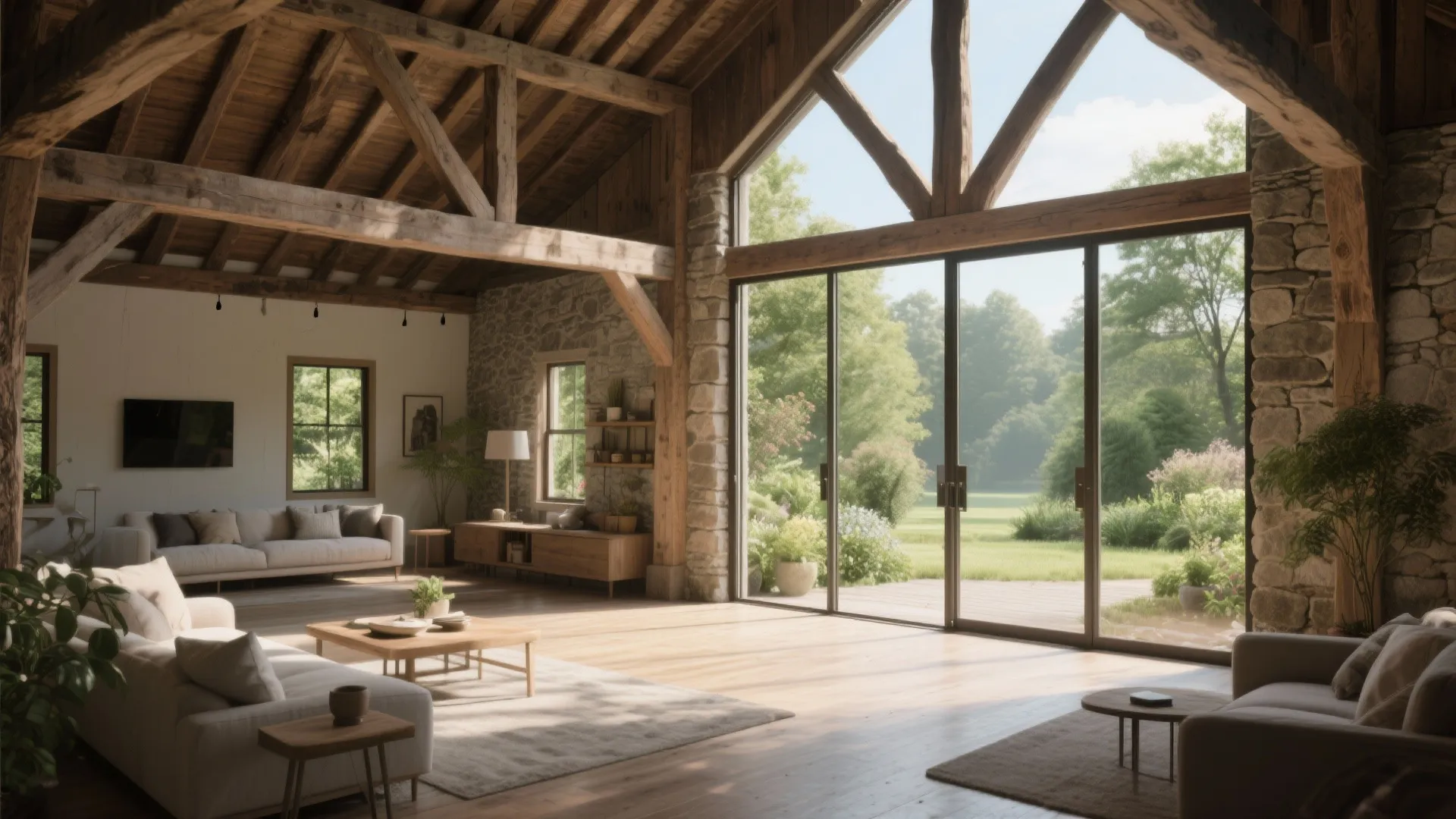 Barn living space with sliding glass doors to garden