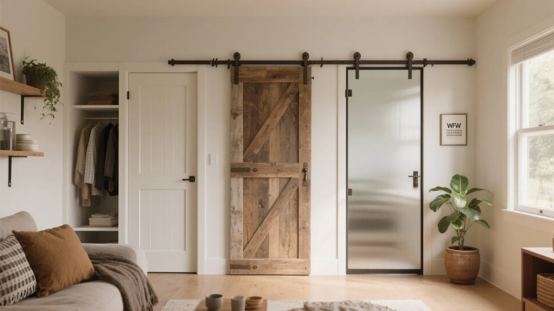 Interior comparison of a half-door, barn door, and sliding glass panel to showcase hybrid closet solutions.