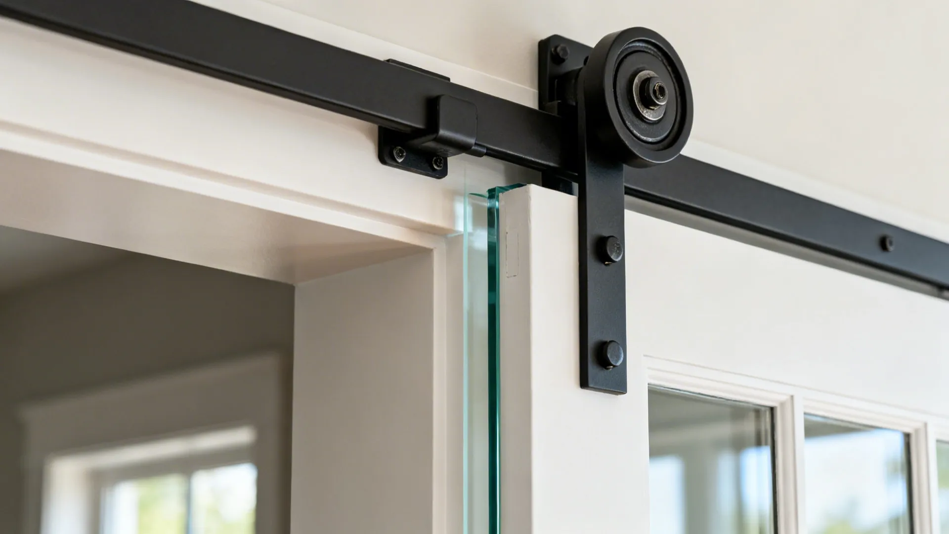 Close up of a black sliding door metal track and roller on a white door