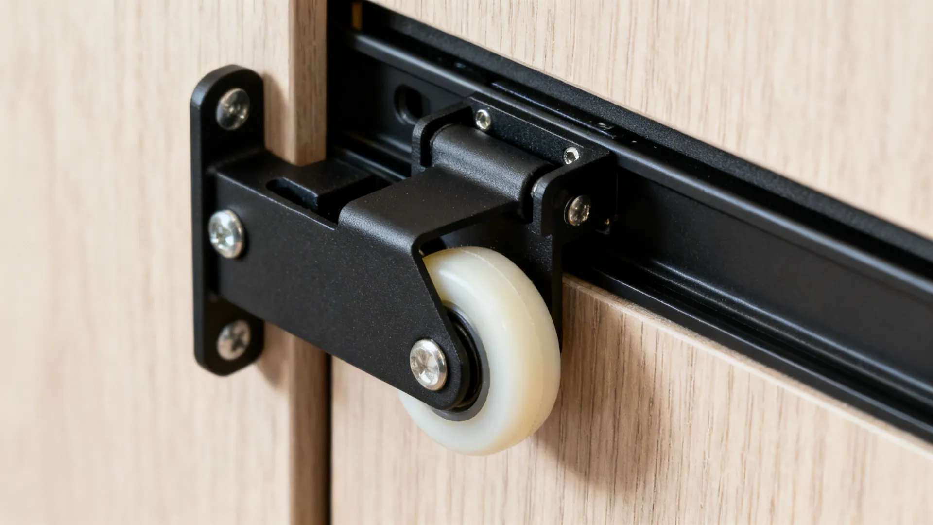 Macro view of matte black sliding barn door hardware with nylon wheels and damper.