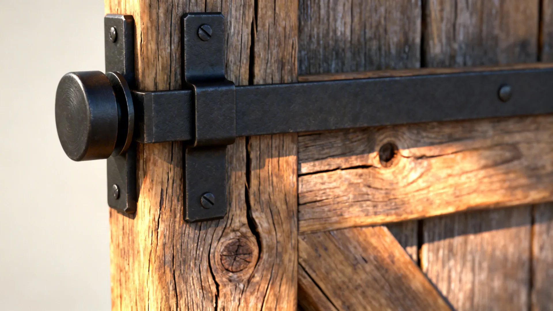 Close up of black metal sliding door handle and lock hardware on rustic wooden barn door