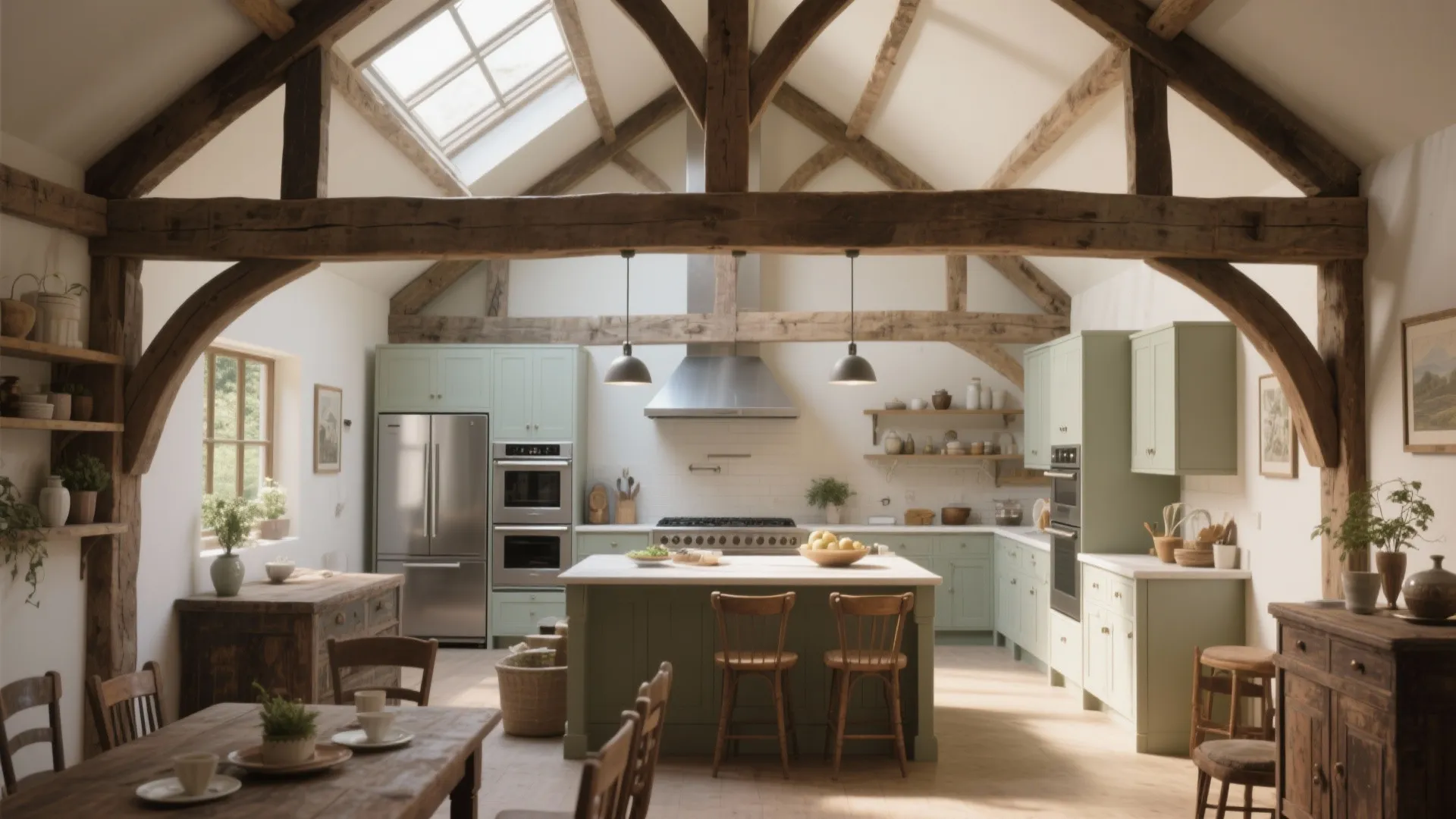 Barn conversion kitchen centered under a skylight