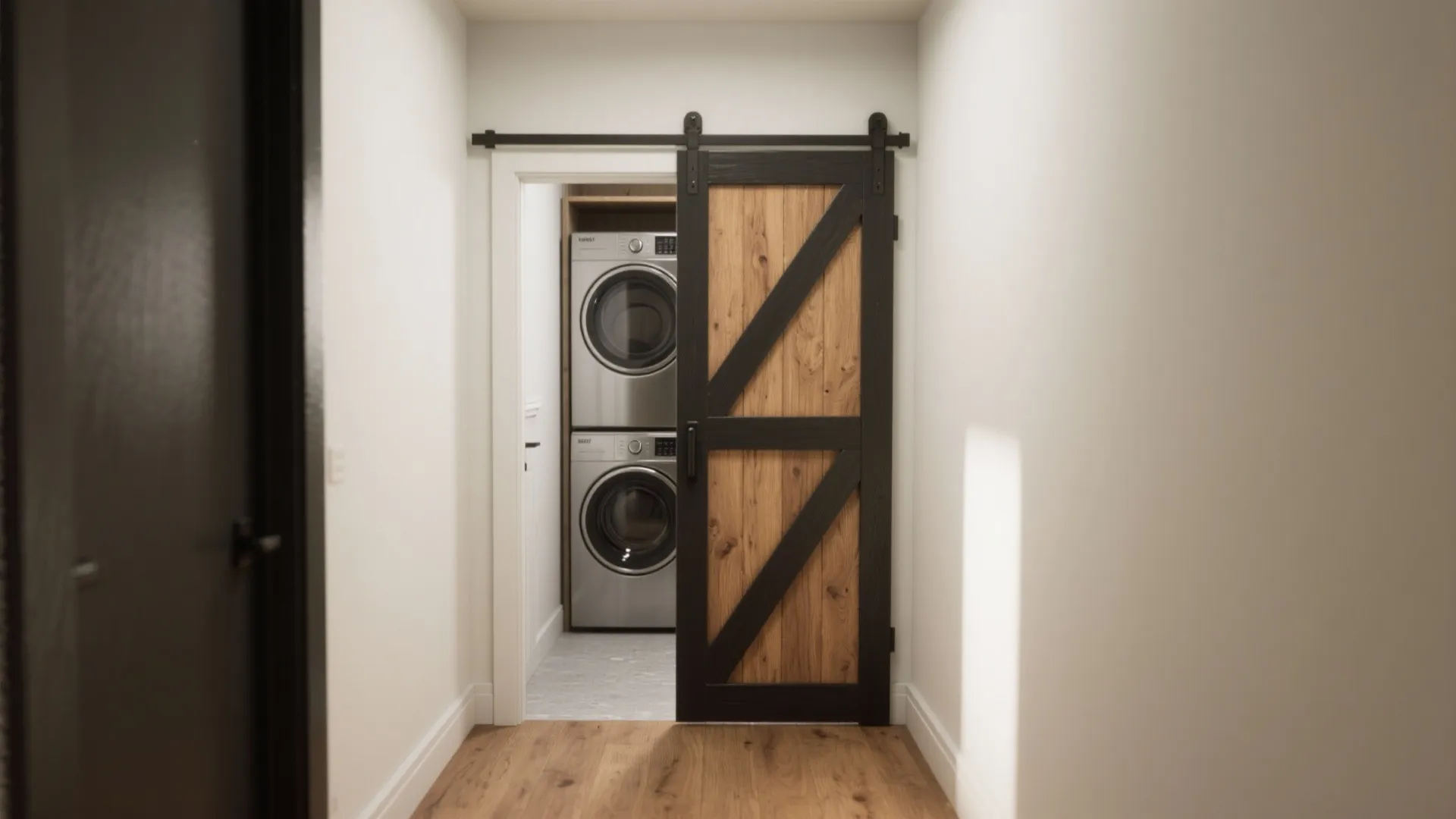Modern laundry room with stacked silver washing machines seen through a sliding wooden barn door