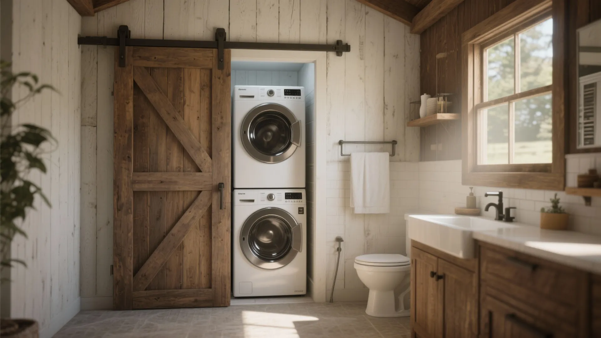 Stacked washing machine and dryer behind a wooden sliding door in a rustic laundry room