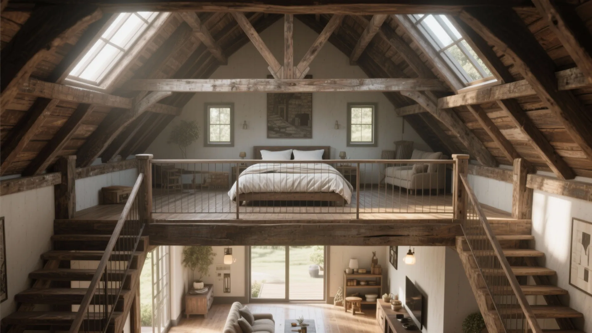 Loft bedroom in barn conversion with reclaimed wood rail