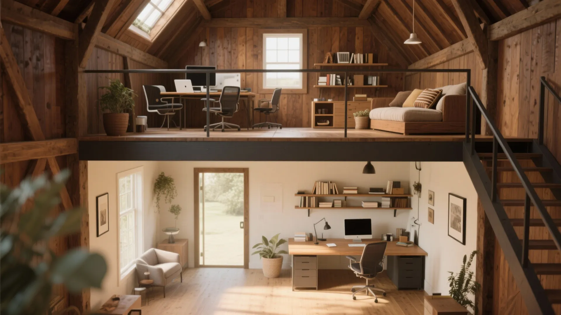 Two level interior design drawing showing a home office loft with sofa and wooden walls