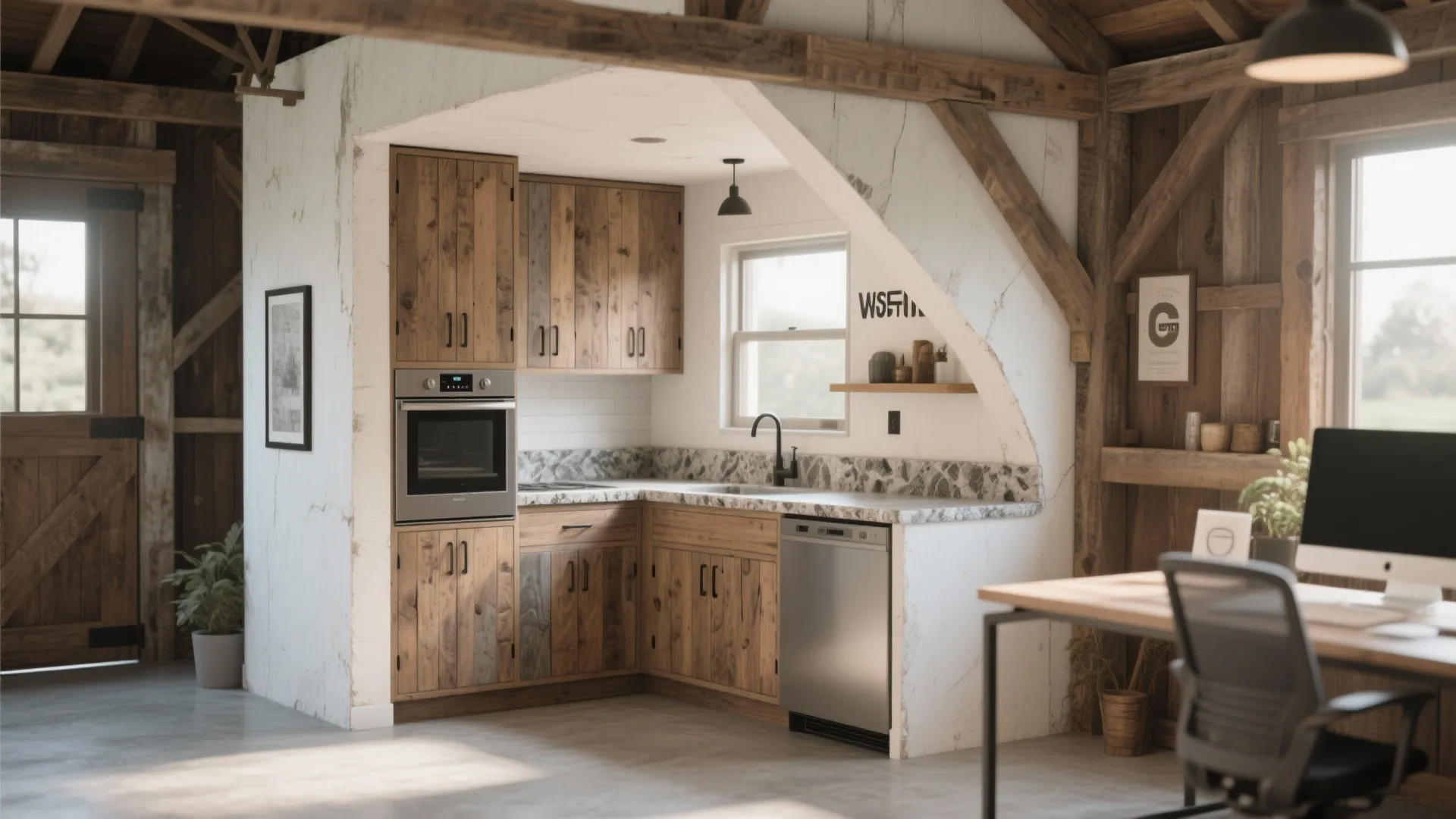 Small kitchen area in a wooden barn office with wood cabinets oven and marble countertop