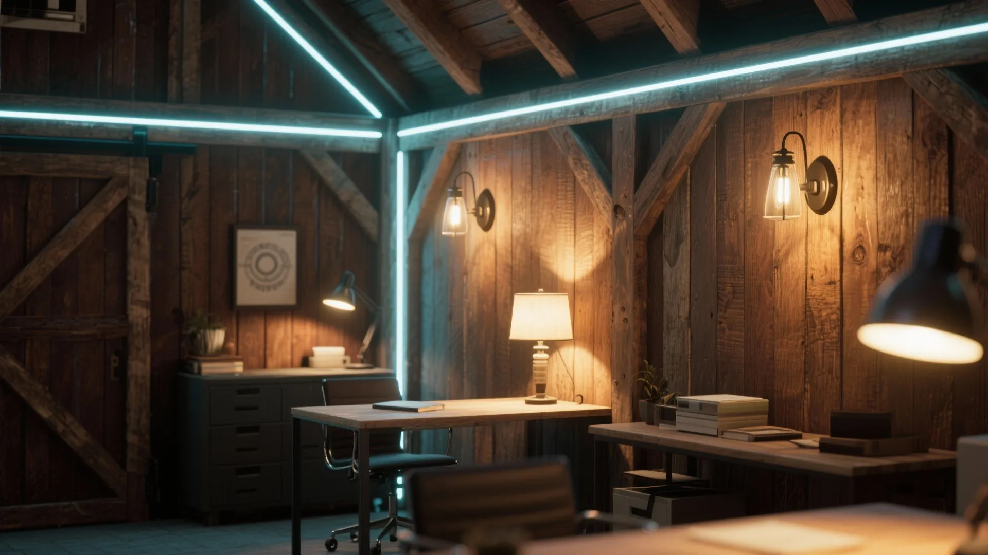Rustic wooden home office with table lamp wall light blue neon strips and desk setup
