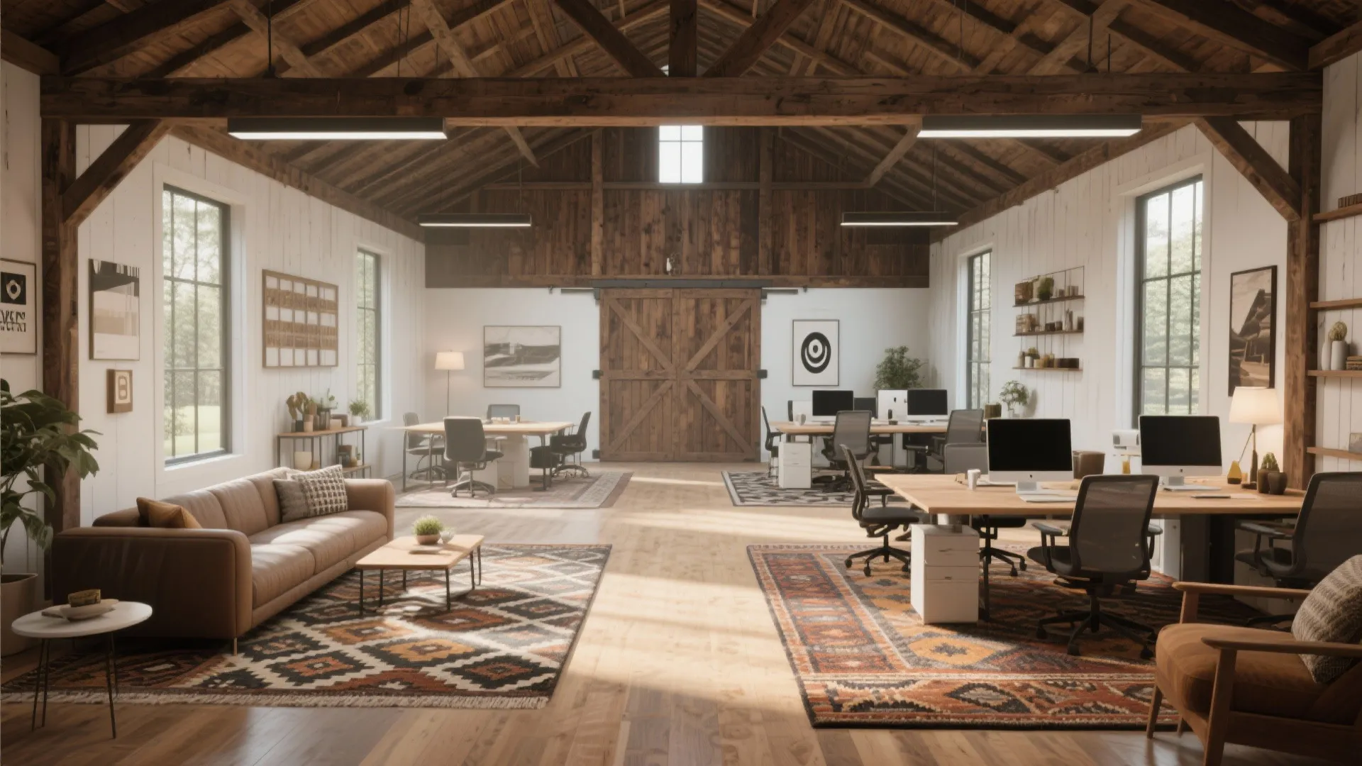 Large open office in a wooden barn featuring patterned rugs brown sofa and many desks