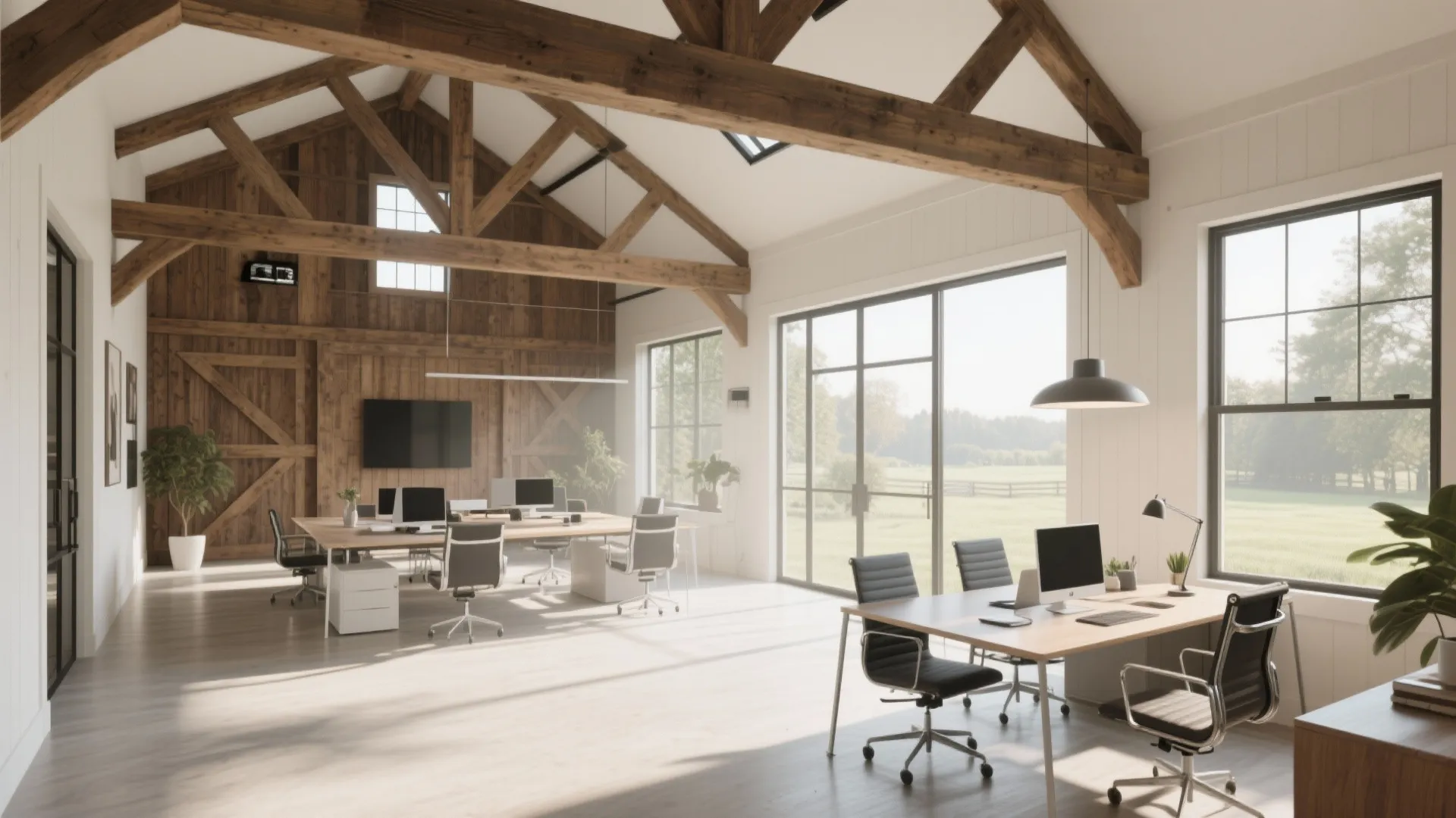 Bright open office with wooden roof beams large glass windows long desks and black office chairs