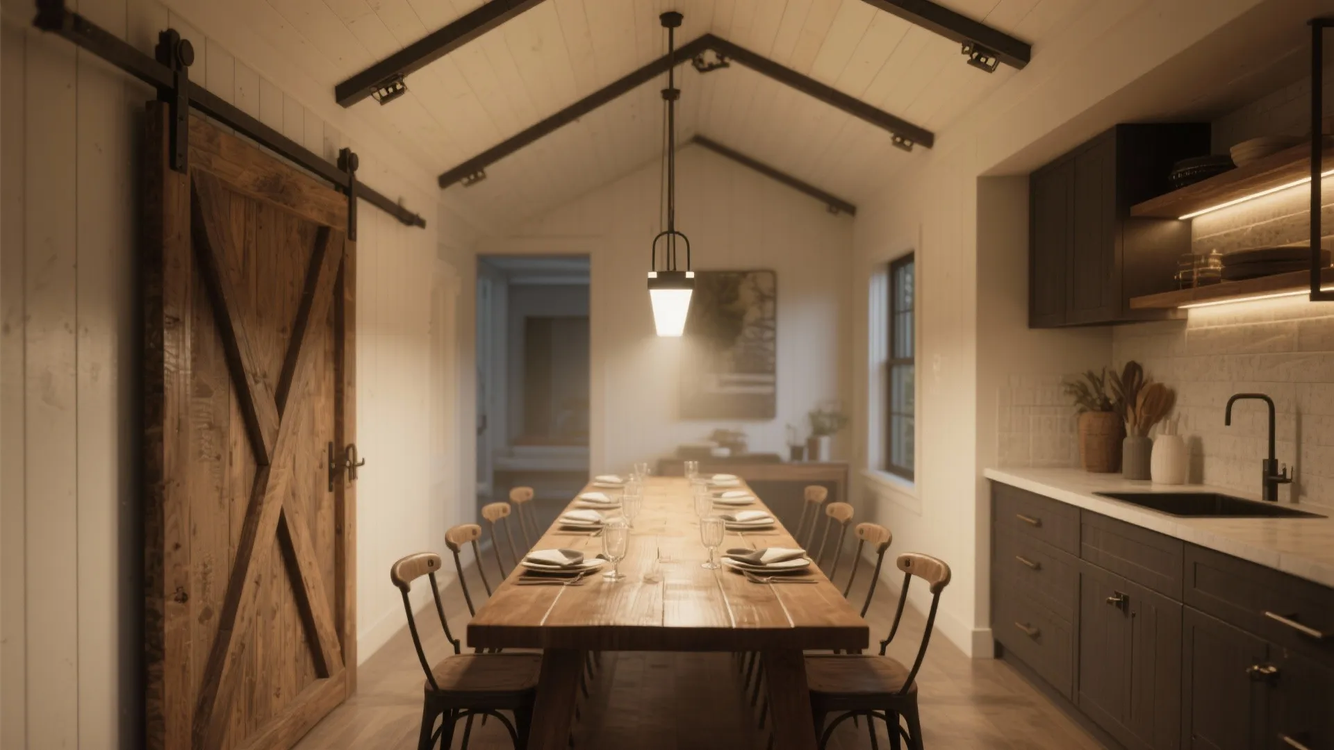 Narrow dining room with a long table lit evenly by an oversized sliding barn pendant.
