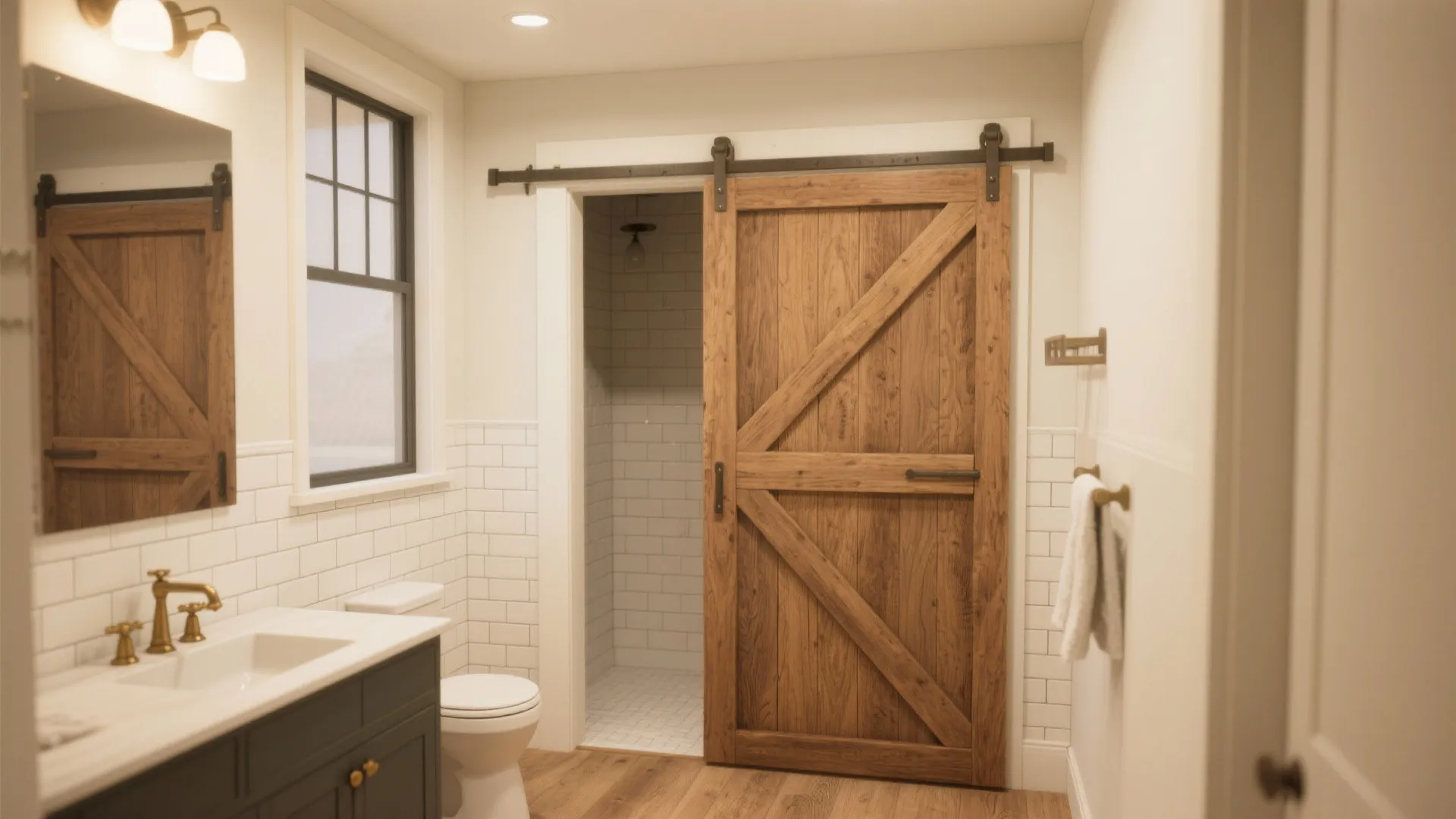 Farmhouse-style bathroom with a wooden barn-look panel recessed into a pocket, saving floor space and adding character.