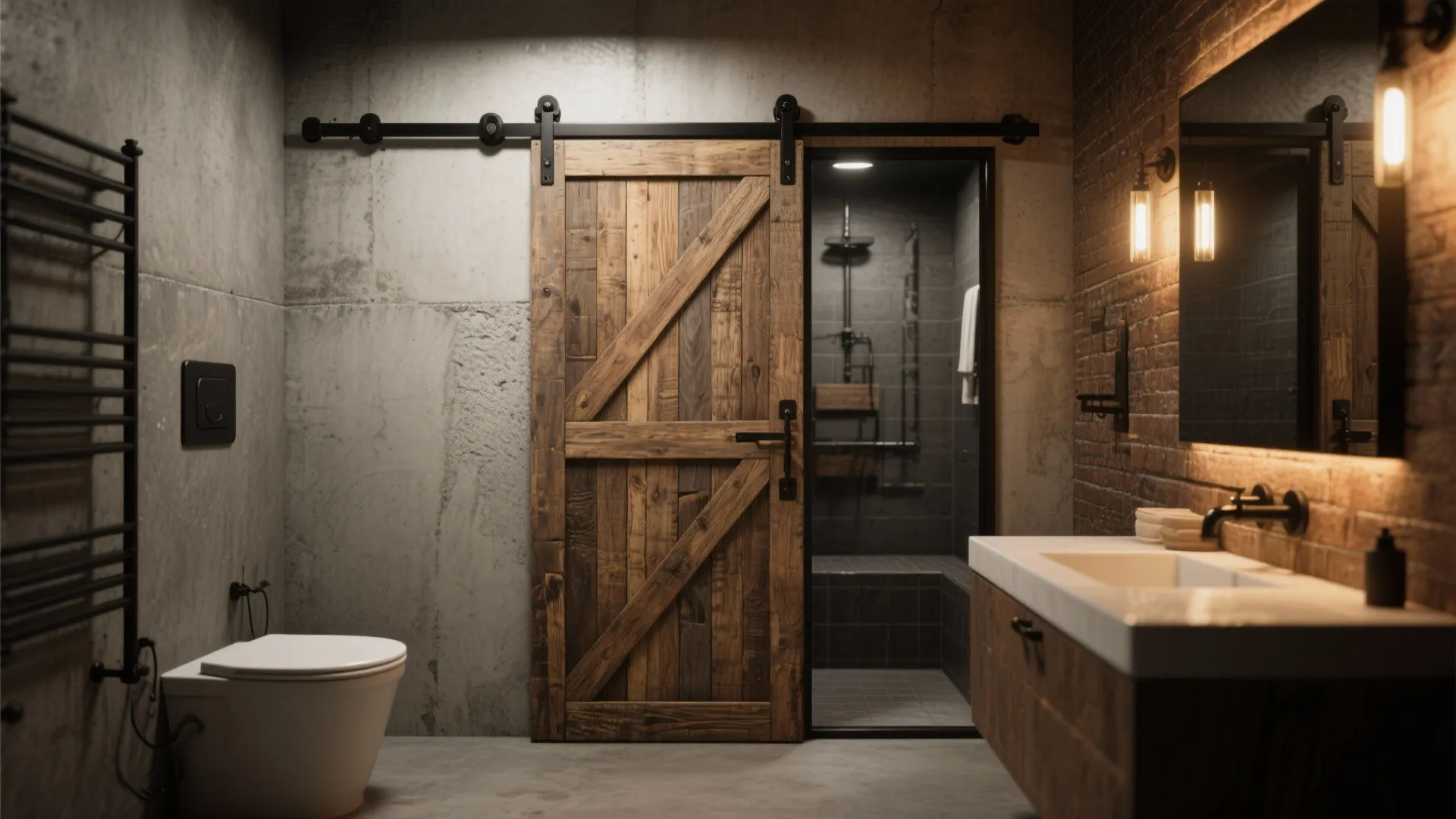 Loft bathroom with a barn-style pocket door and soft-close hardware as a bold focal point