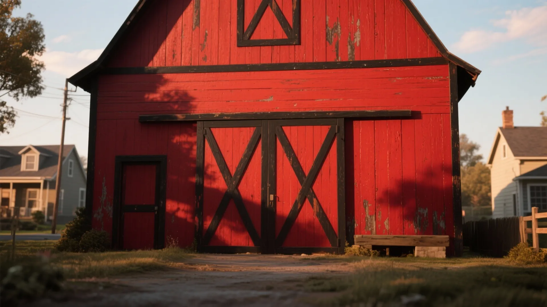 Large red wooden barn with black sliding doors and small side door under clear sky