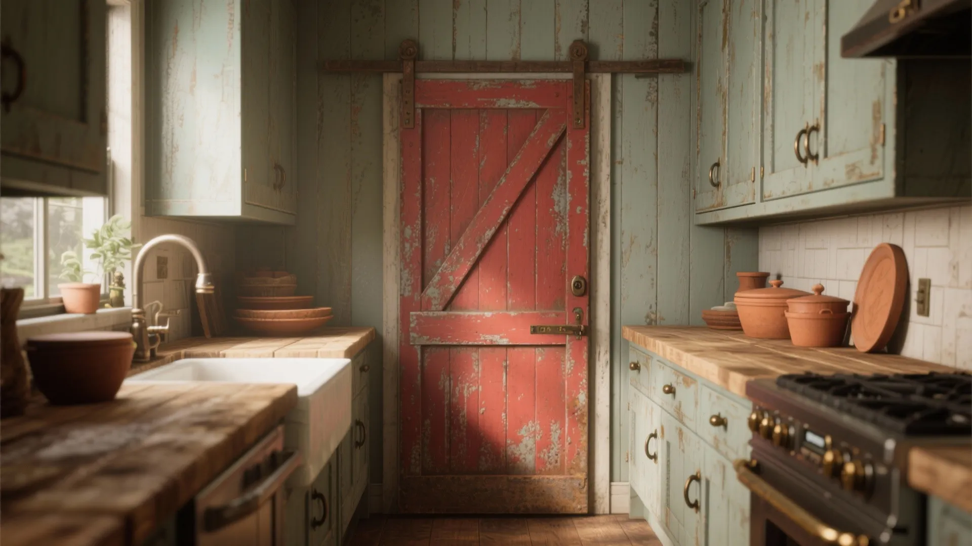 Kitchen with a muted barn-red pantry door and rusty terracotta accents paired with reclaimed wood and warm metals.