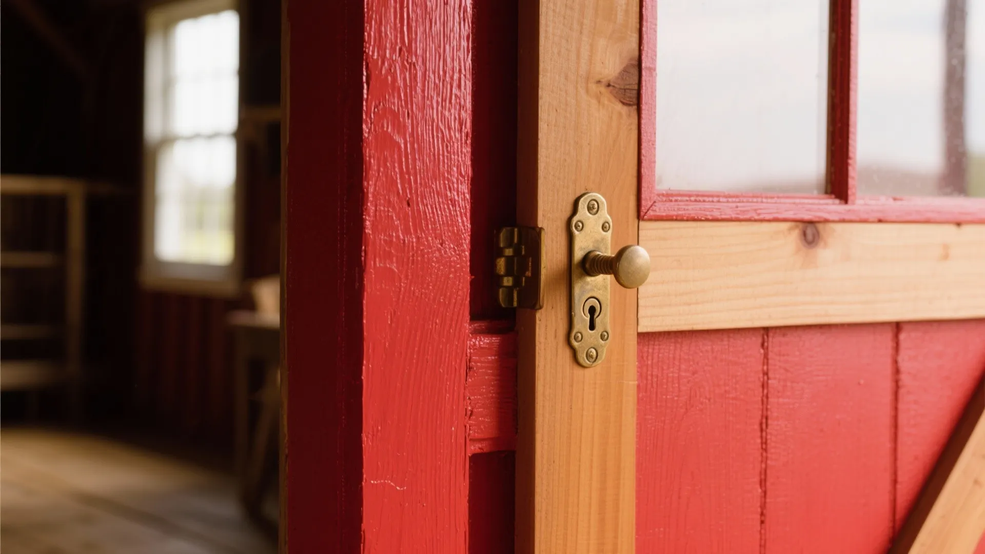 Bright red wooden door with a brass handle and keyhole in a rustic home setting