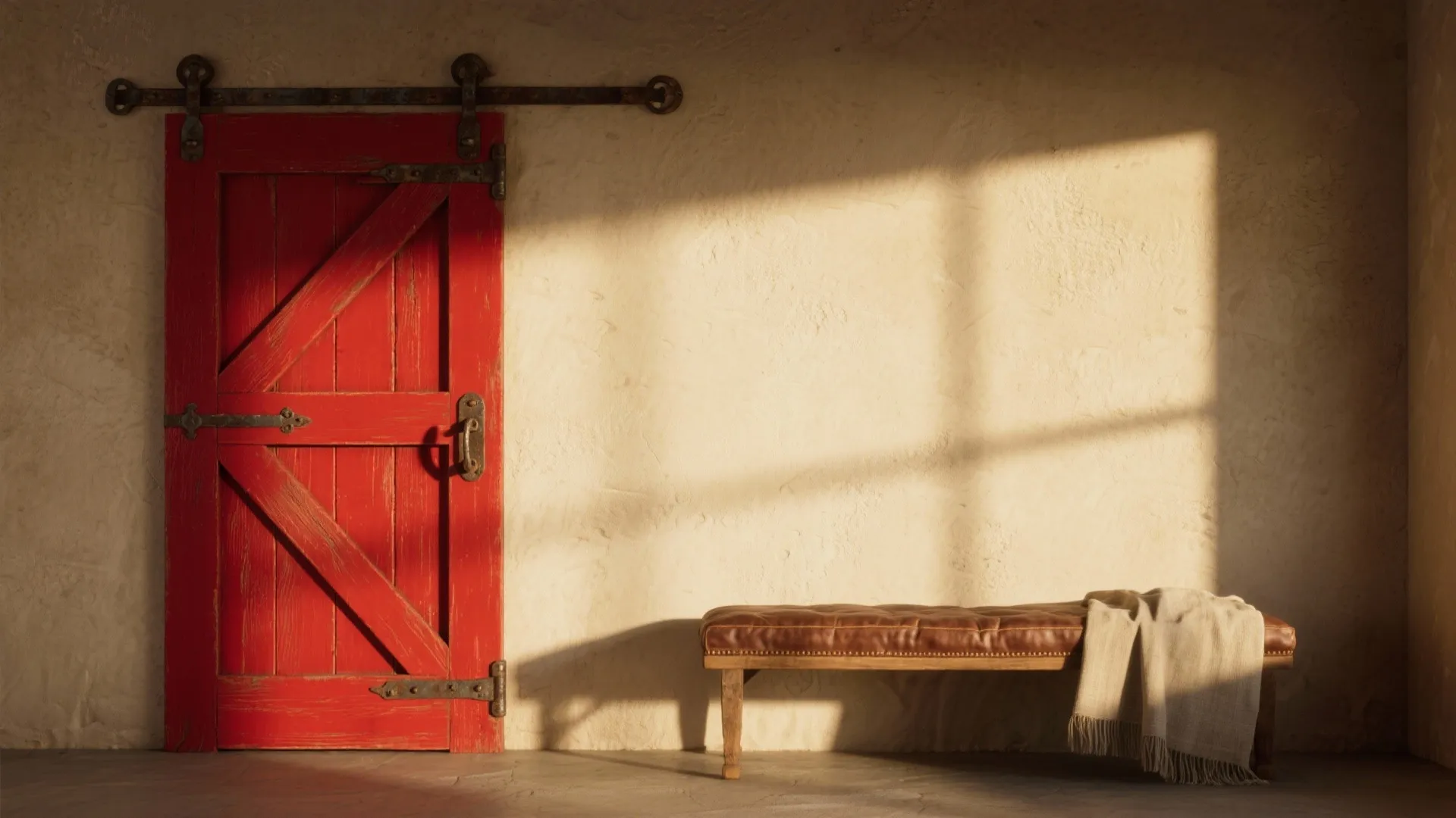 Barn-red door with iron hardware beside a warm beige wall and leather bench, showing a bold rustic accent.
