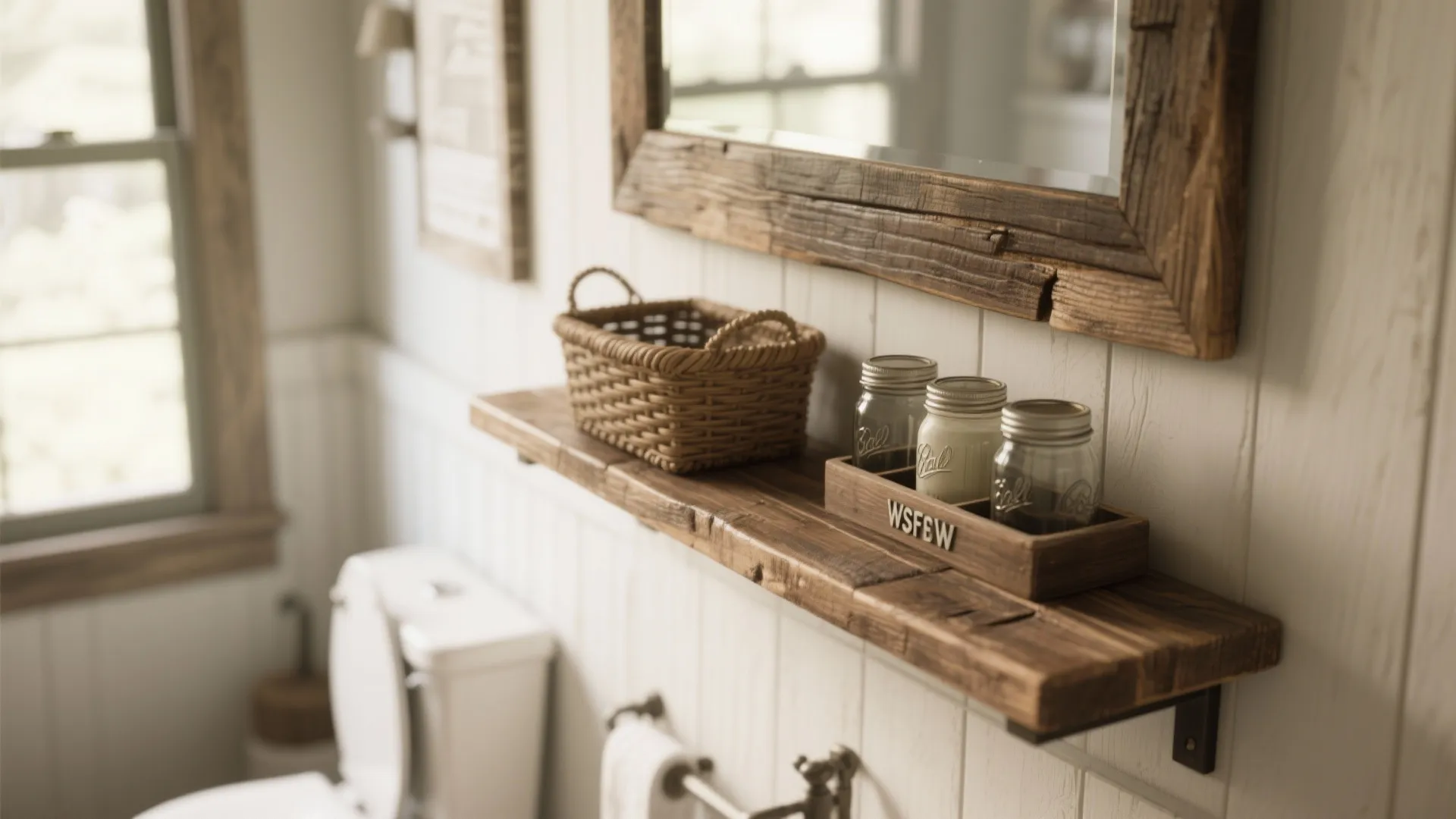 2. Repurposed Barn Wood Shelves and Open Storage