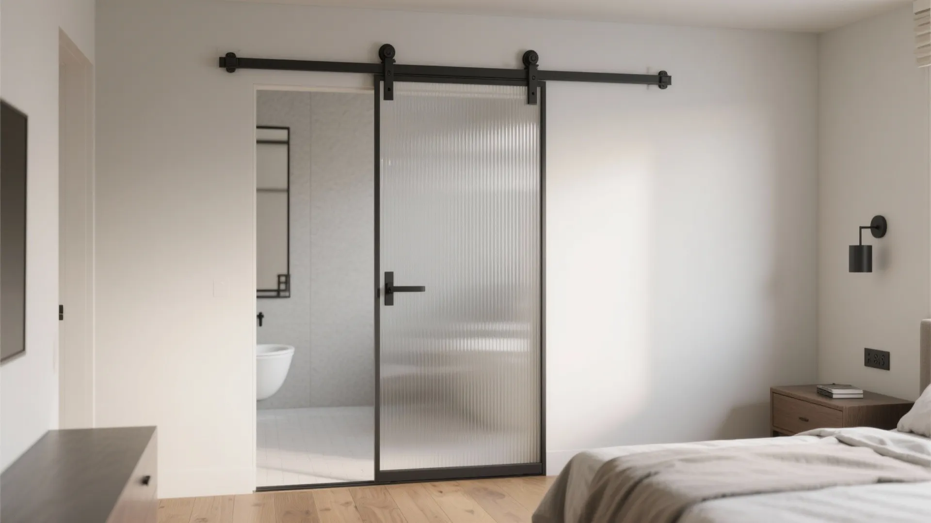 Modern bedroom with glass sliding barn door leading to bathroom featuring wood floors and bed