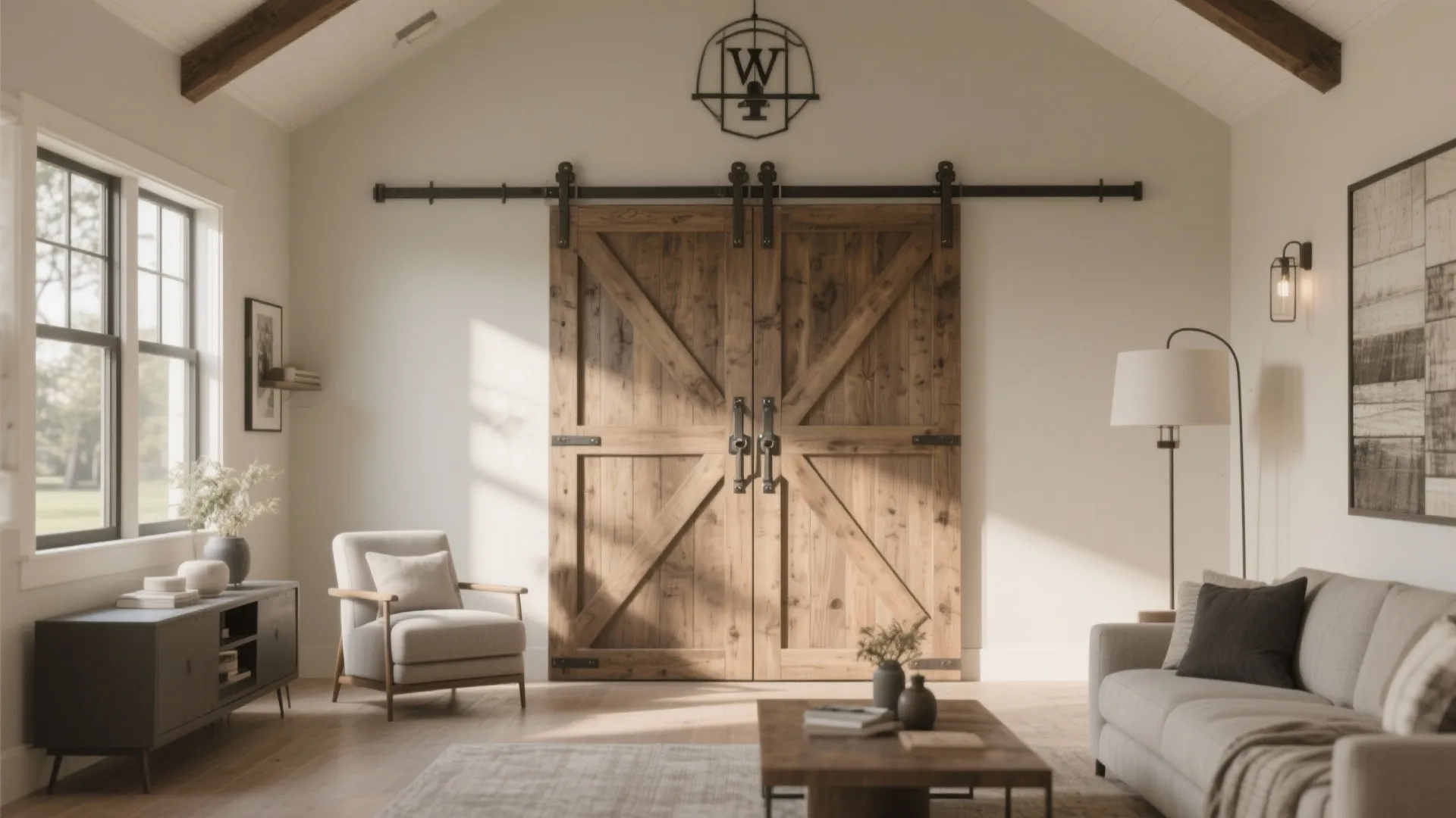 Double wooden barn sliding doors in a bright living room with armchair, sofa, and window