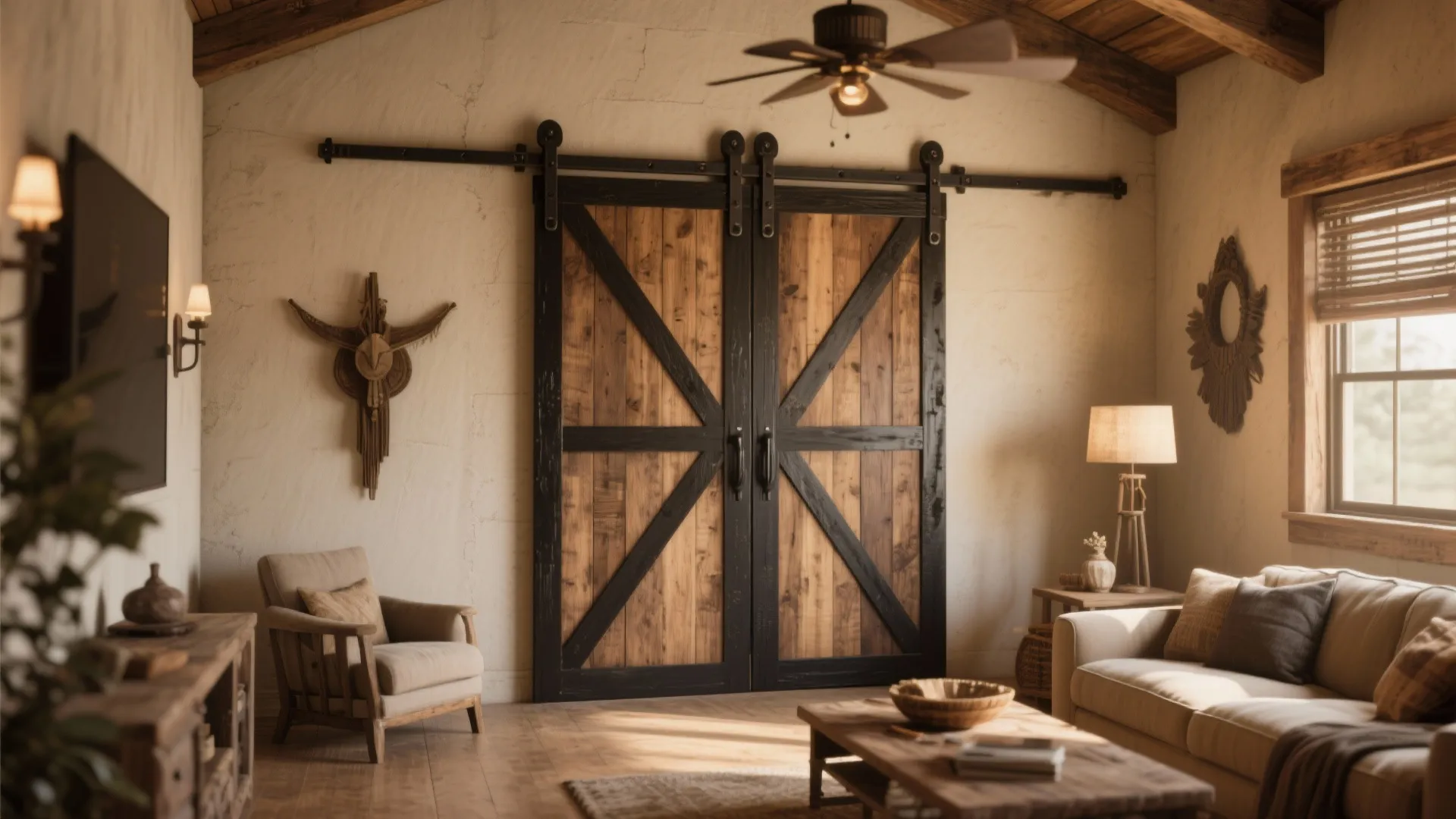 Western-inspired living room with barn-style wooden sliding door