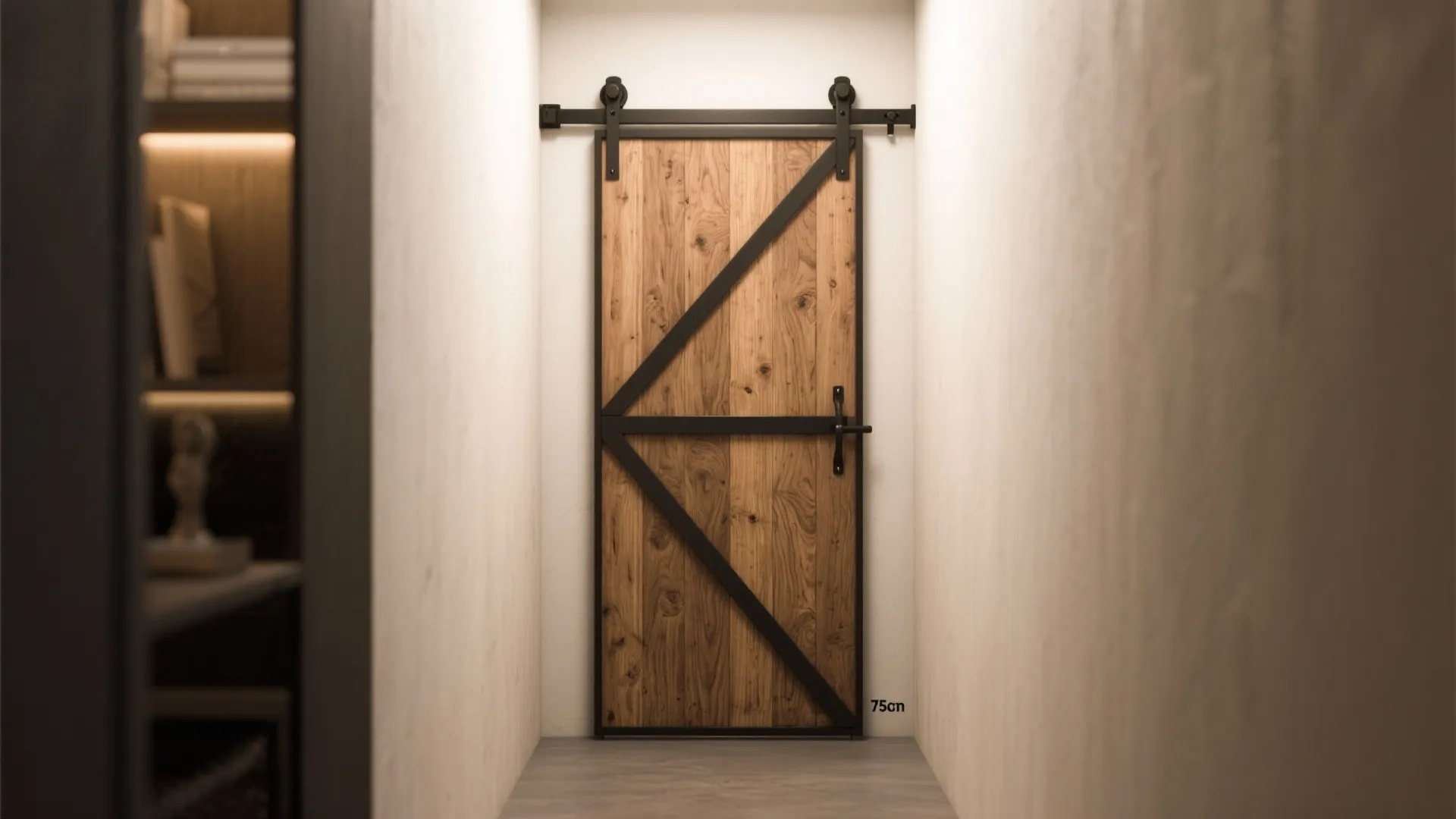 Rustic wood sliding door with black metal track installed in a narrow white wall hallway