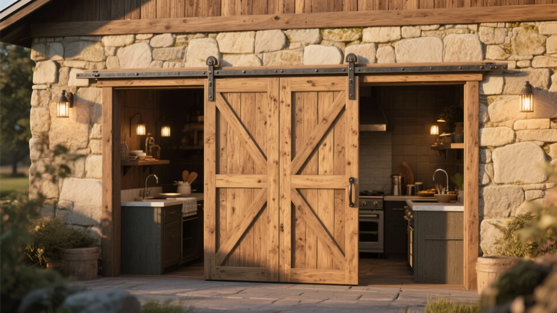 Cedar barn-style sliding door hiding an outdoor prep area with visible track details and warm lighting.