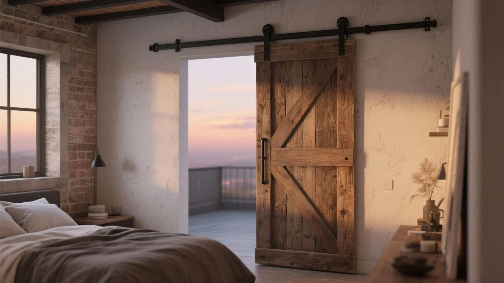 Industrial style bedroom with sliding wooden door, brick wall, soft bed, and sunset balcony view