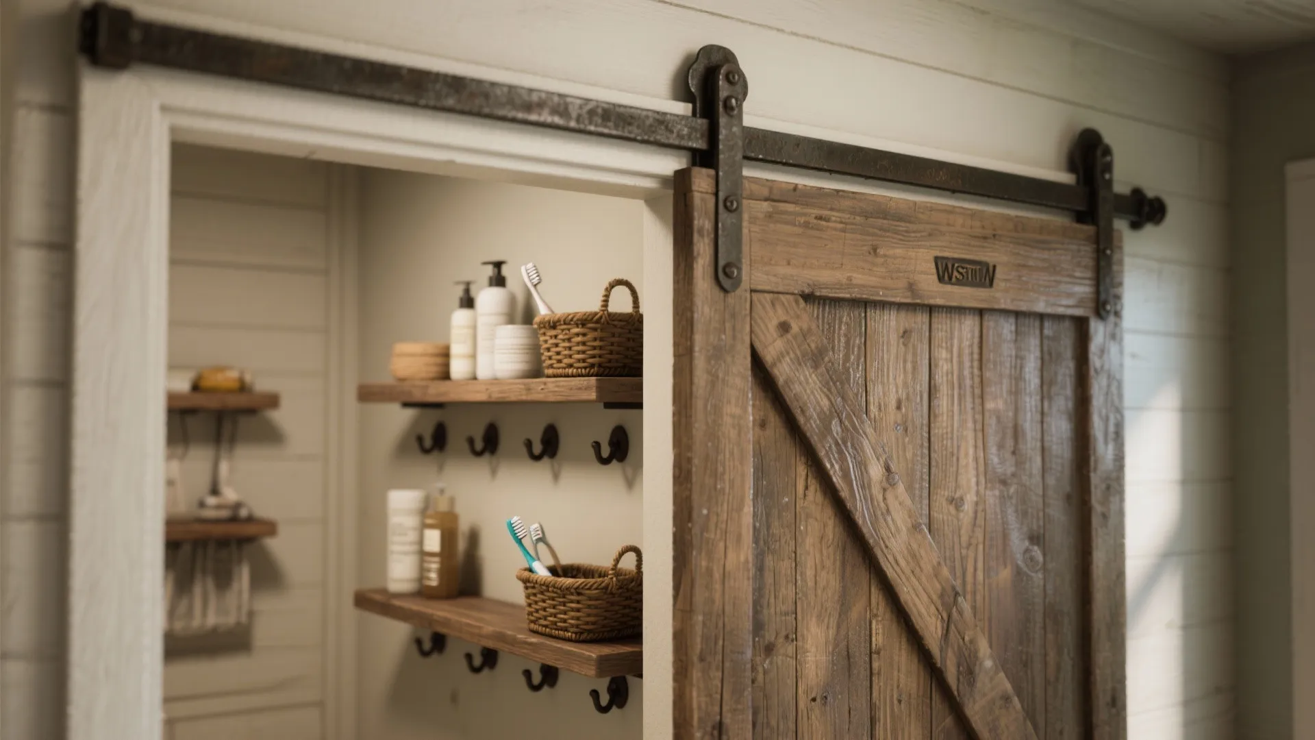 Close up of a rustic sliding barn door opening to reveal wooden storage shelves and baskets