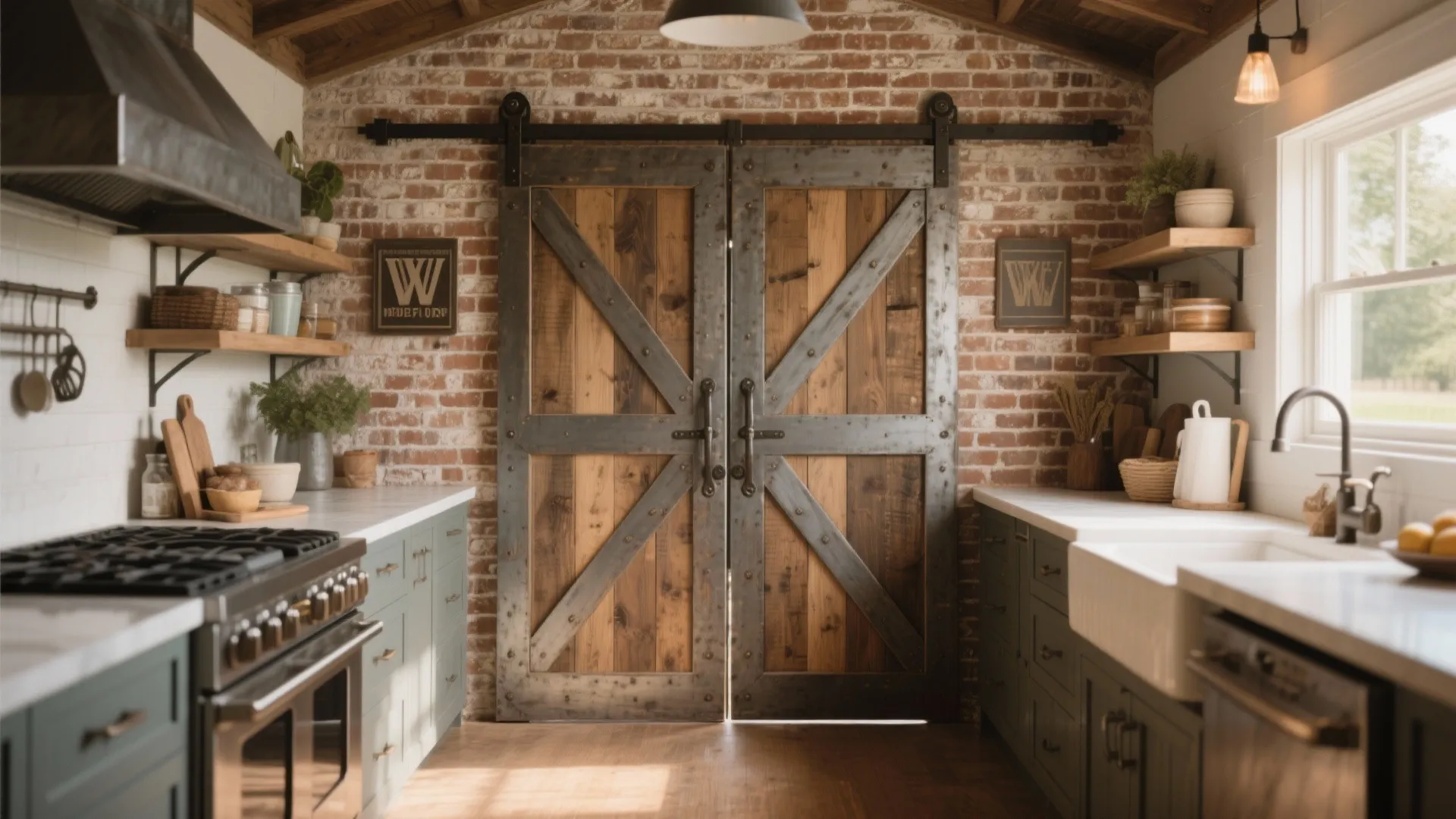 Rustic kitchen featuring brick walls wooden sliding doors green cabinets and open wood storage shelves