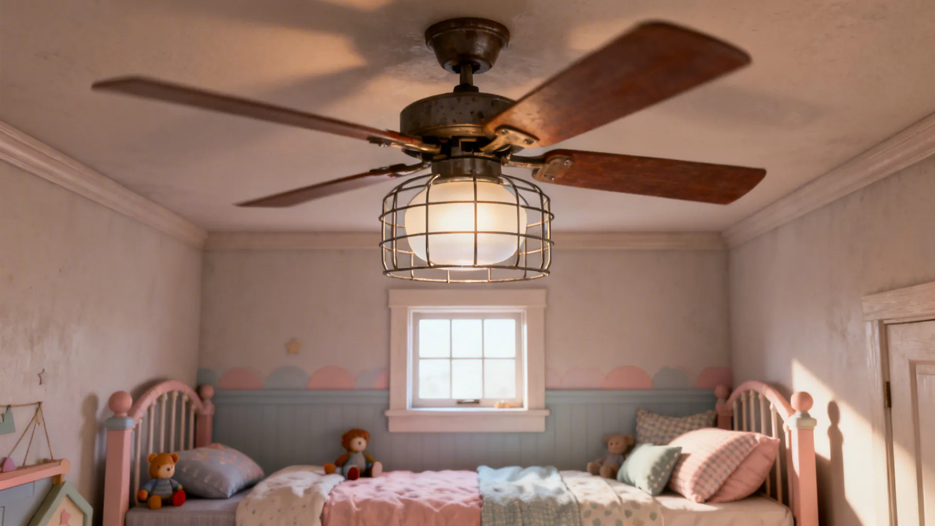 Child's bedroom with a small decorative barn-style fan with enclosed blades and diffused light.