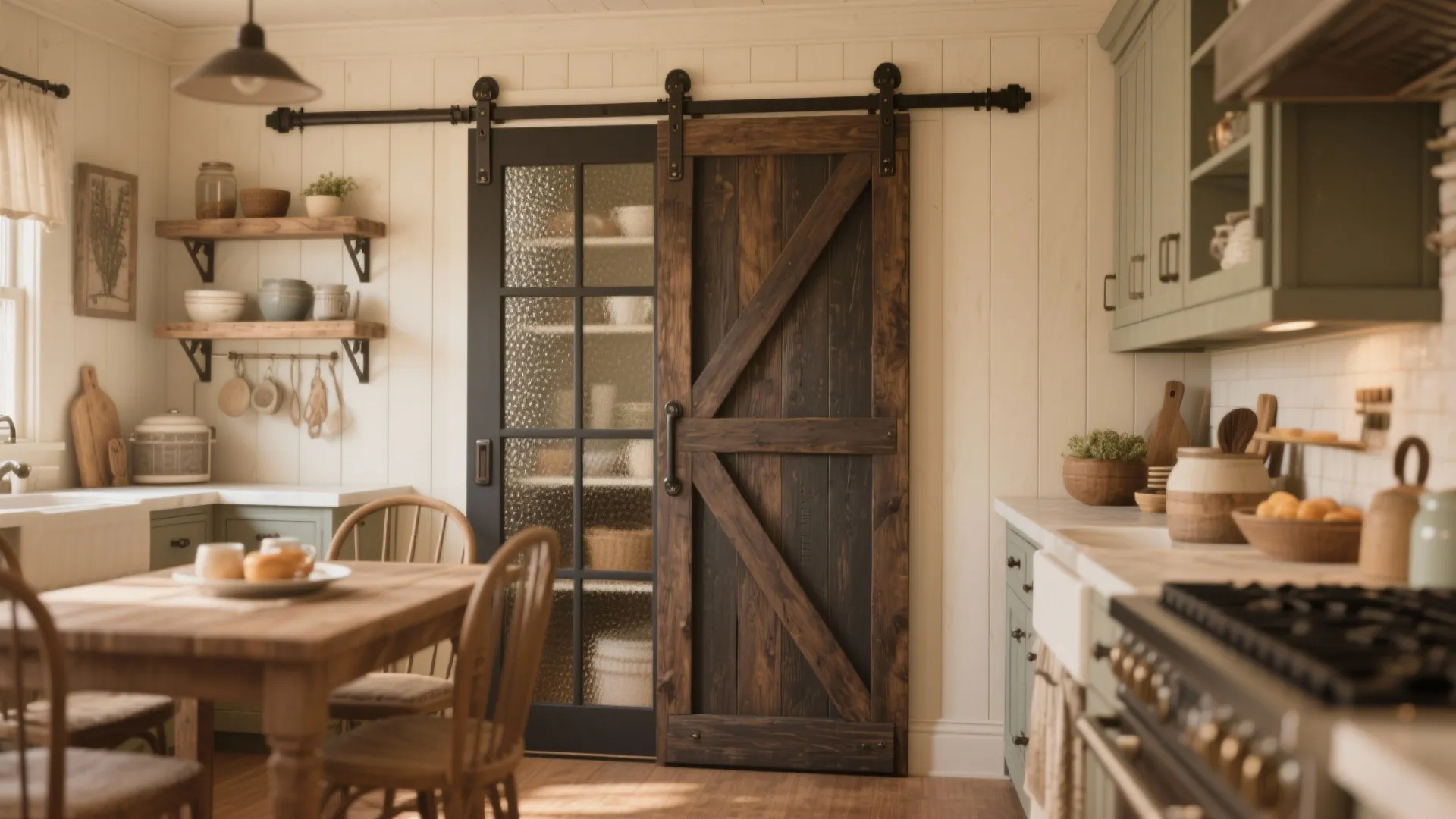 Farmhouse kitchen with a barn-style glass pantry door on a heavy track, blending rustic and bright elements.