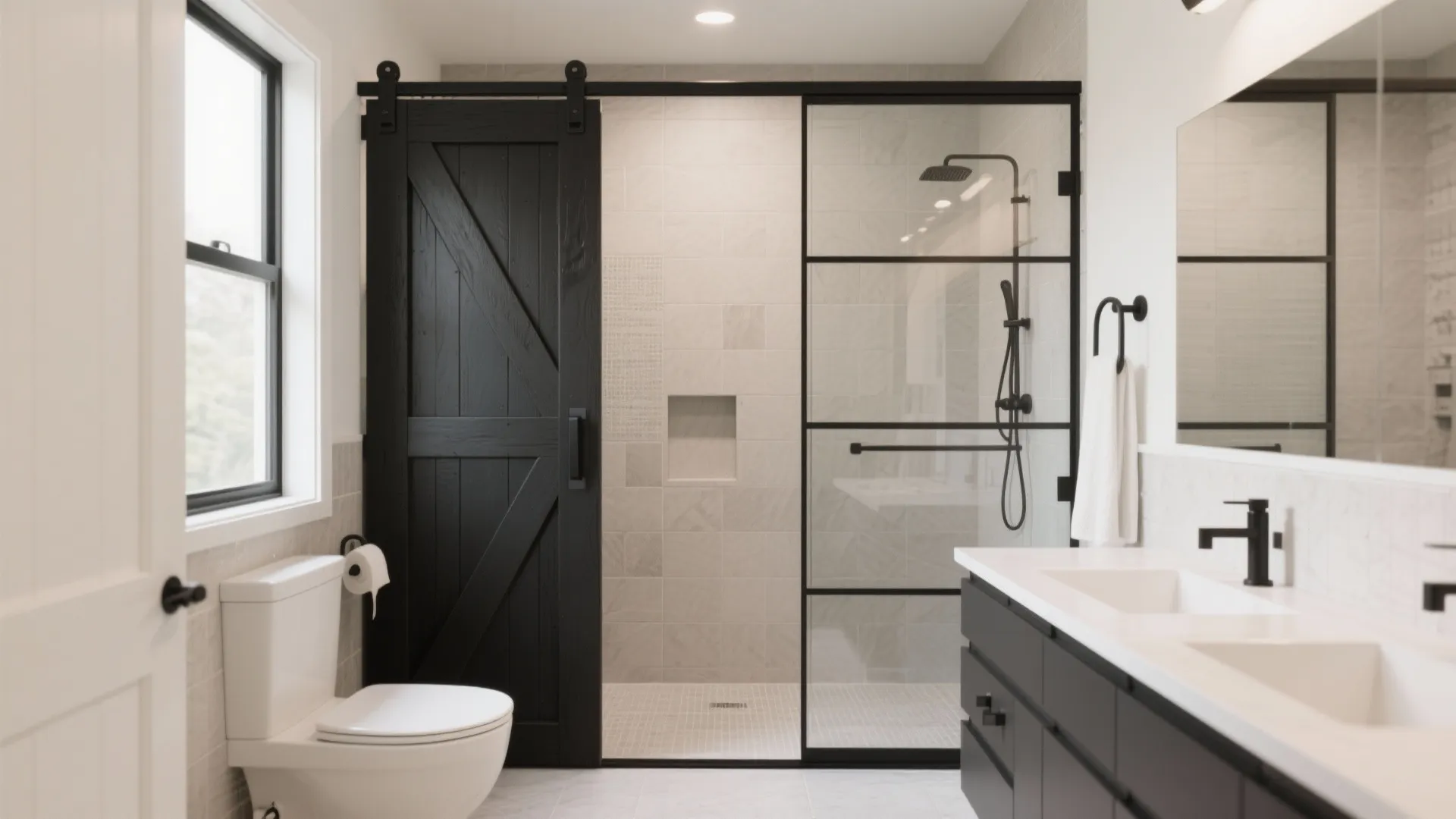 Sliding barn-style glass shower door with black hardware