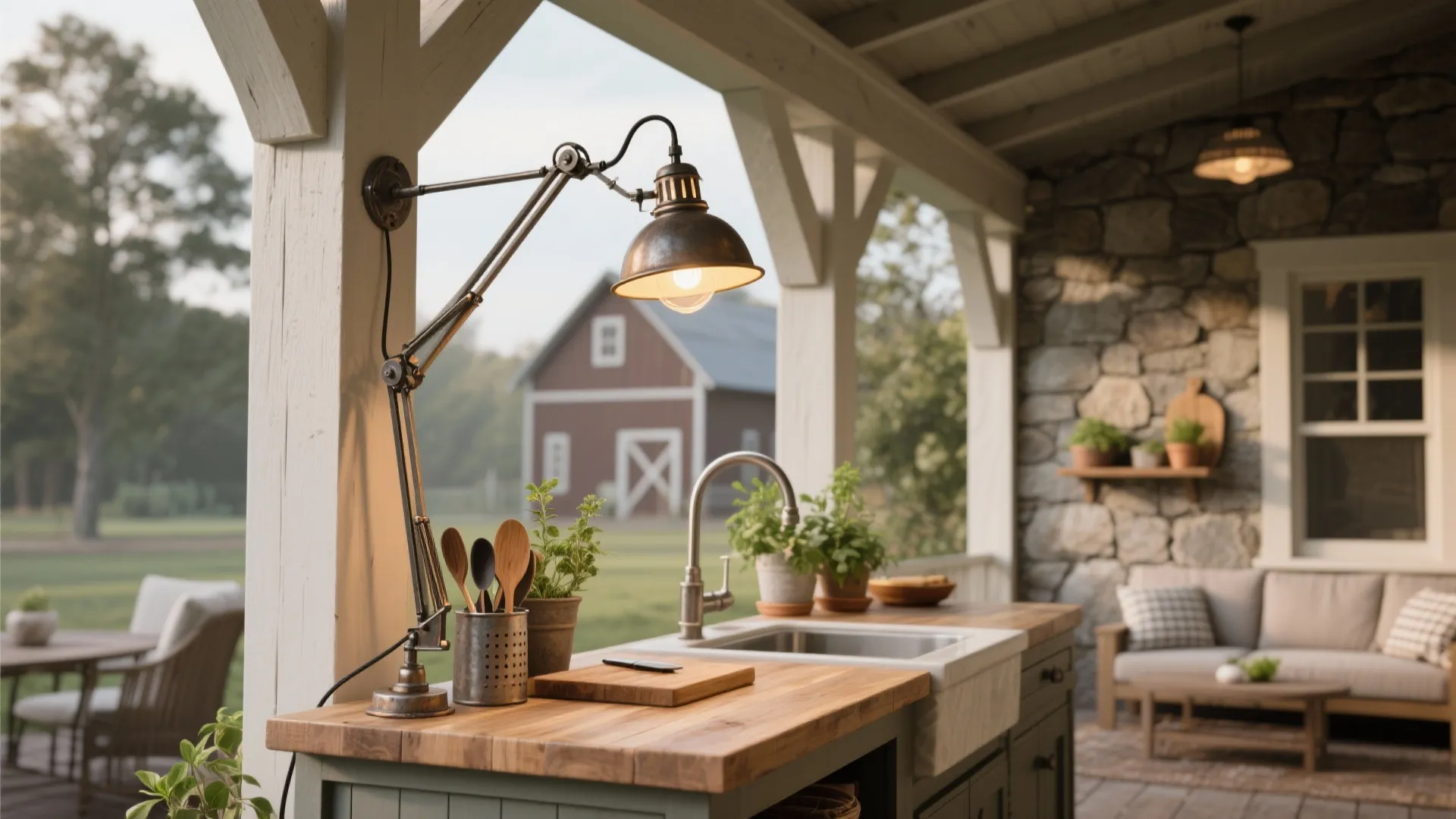 Barn-style swing arm light over an outdoor prep counter on a porch