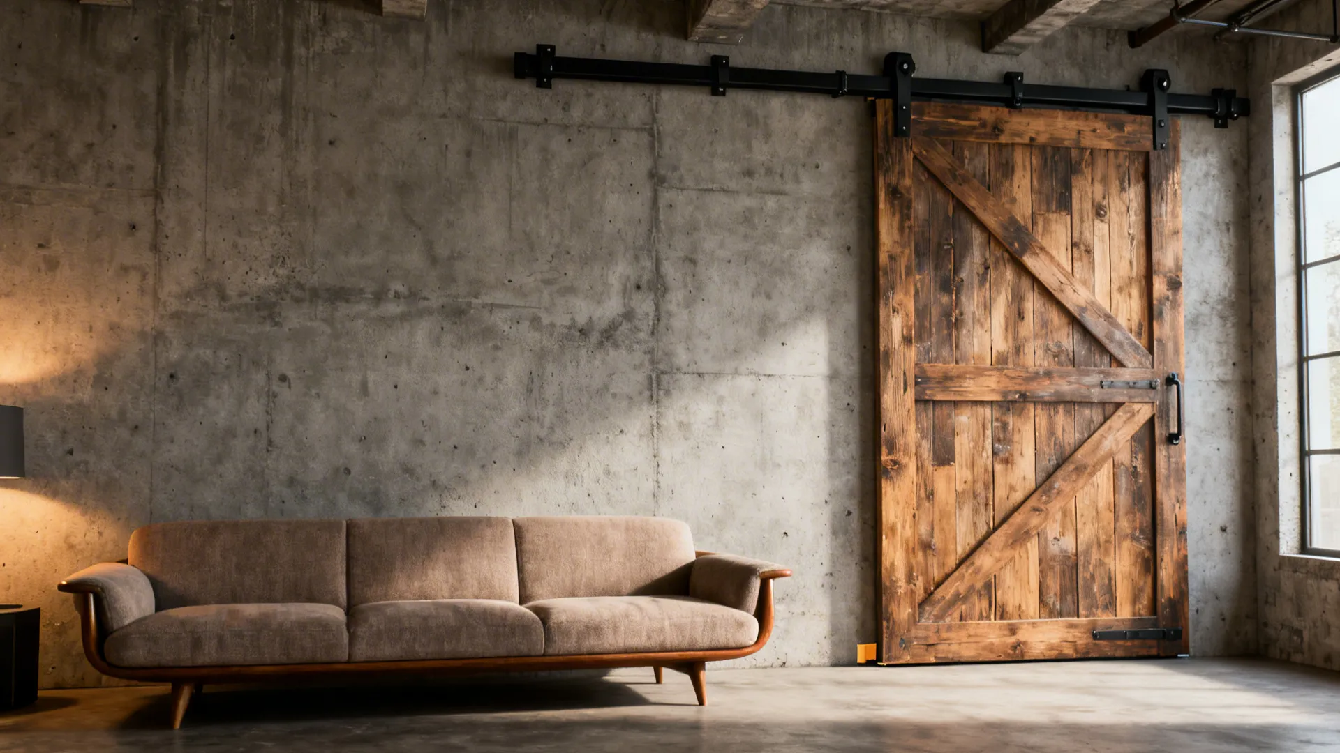 Loft interior with a barn-style sliding door on an exposed metal track.
