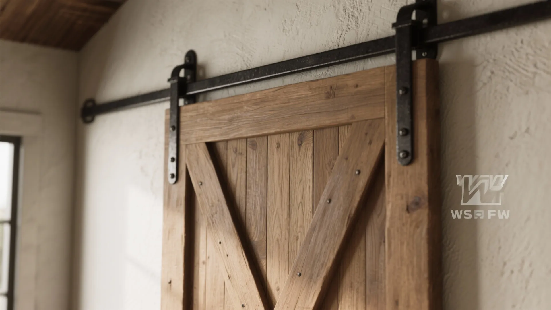 Exposed barn-style black metal track above a wooden door with visible reinforced mounting points and wood grain.