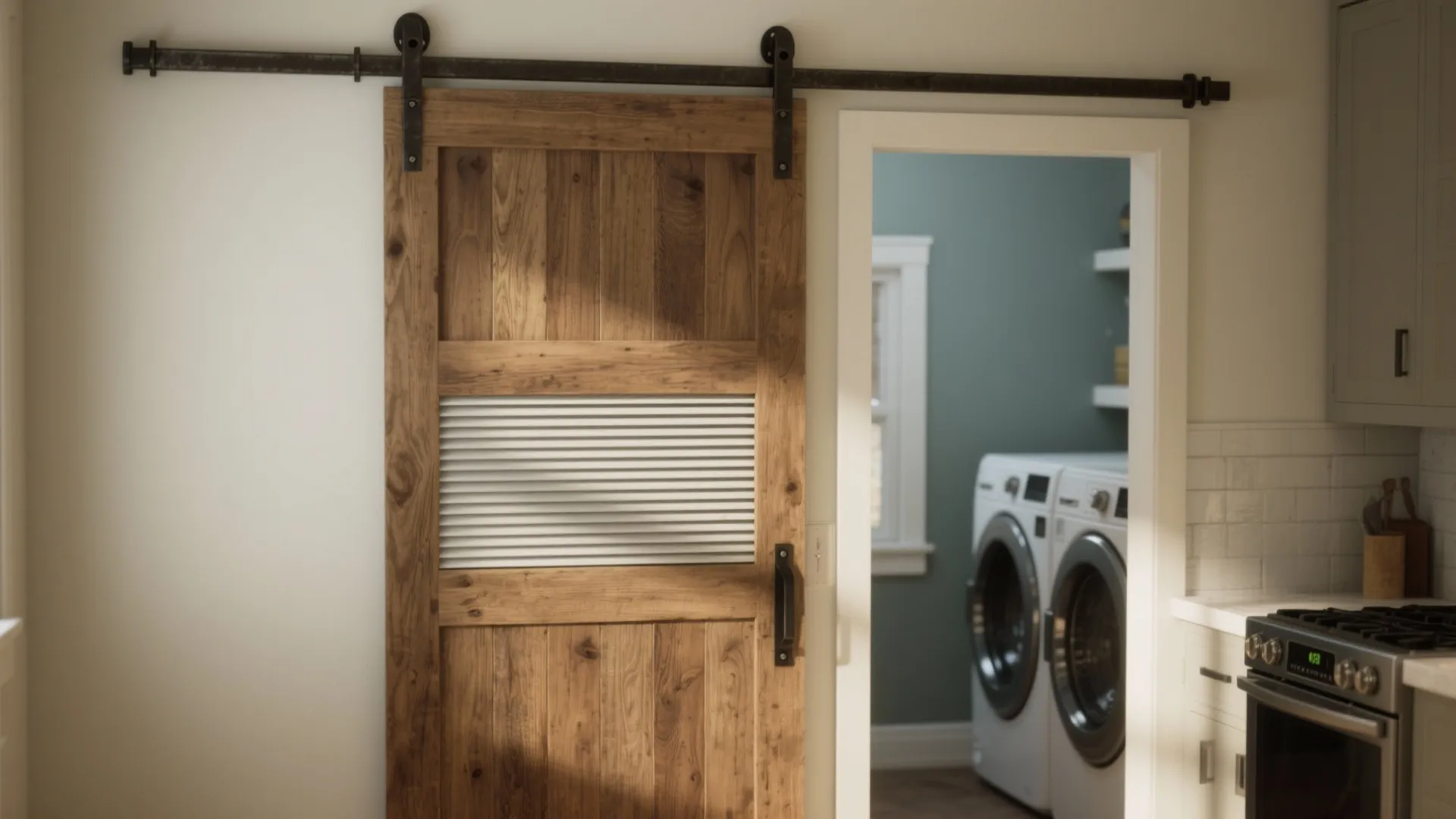 Rustic wood sliding barn door with a white metal vent panel in a modern kitchen