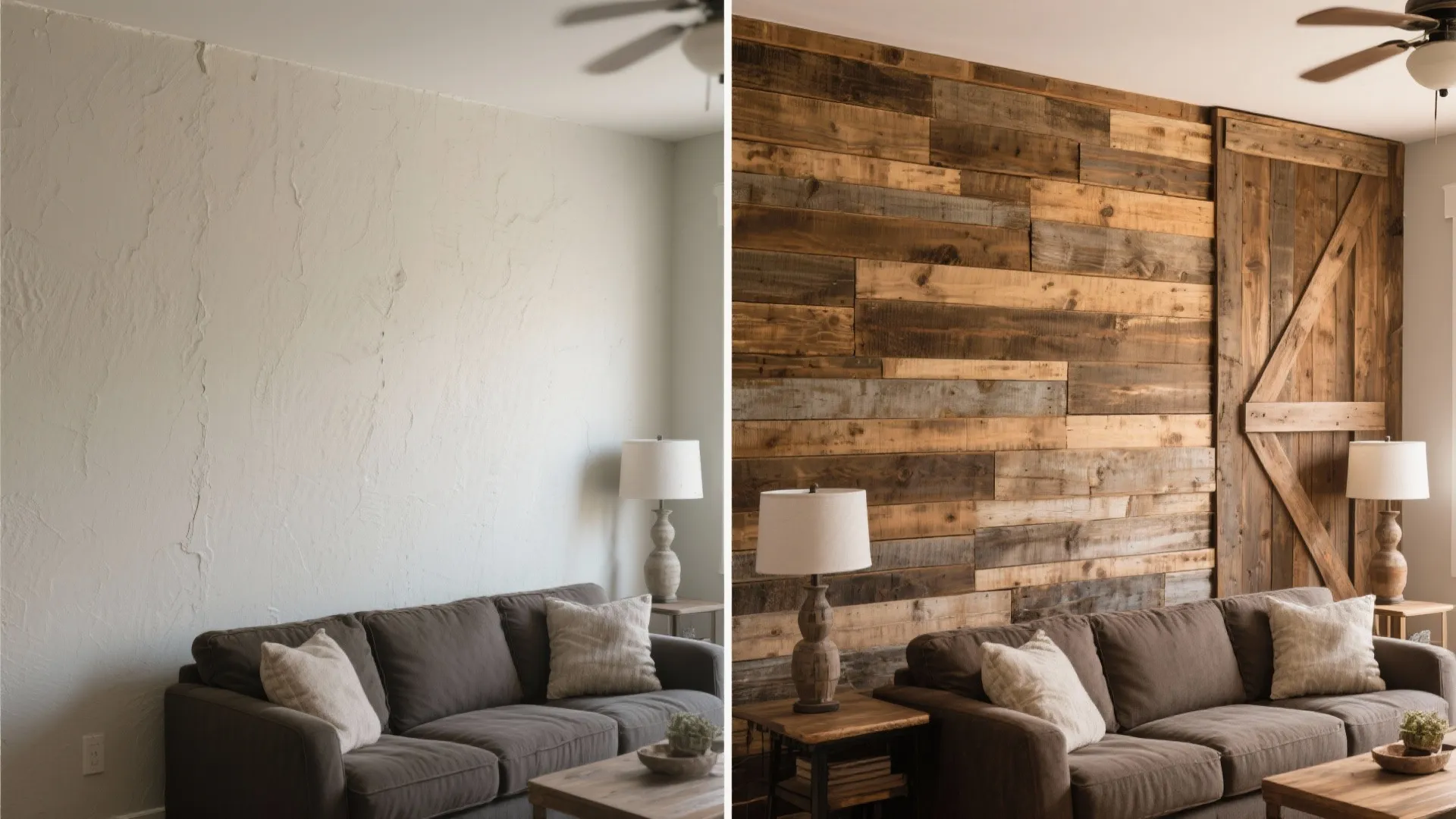 Before and after comparison of a plain white wall versus a rustic wooden wall panel