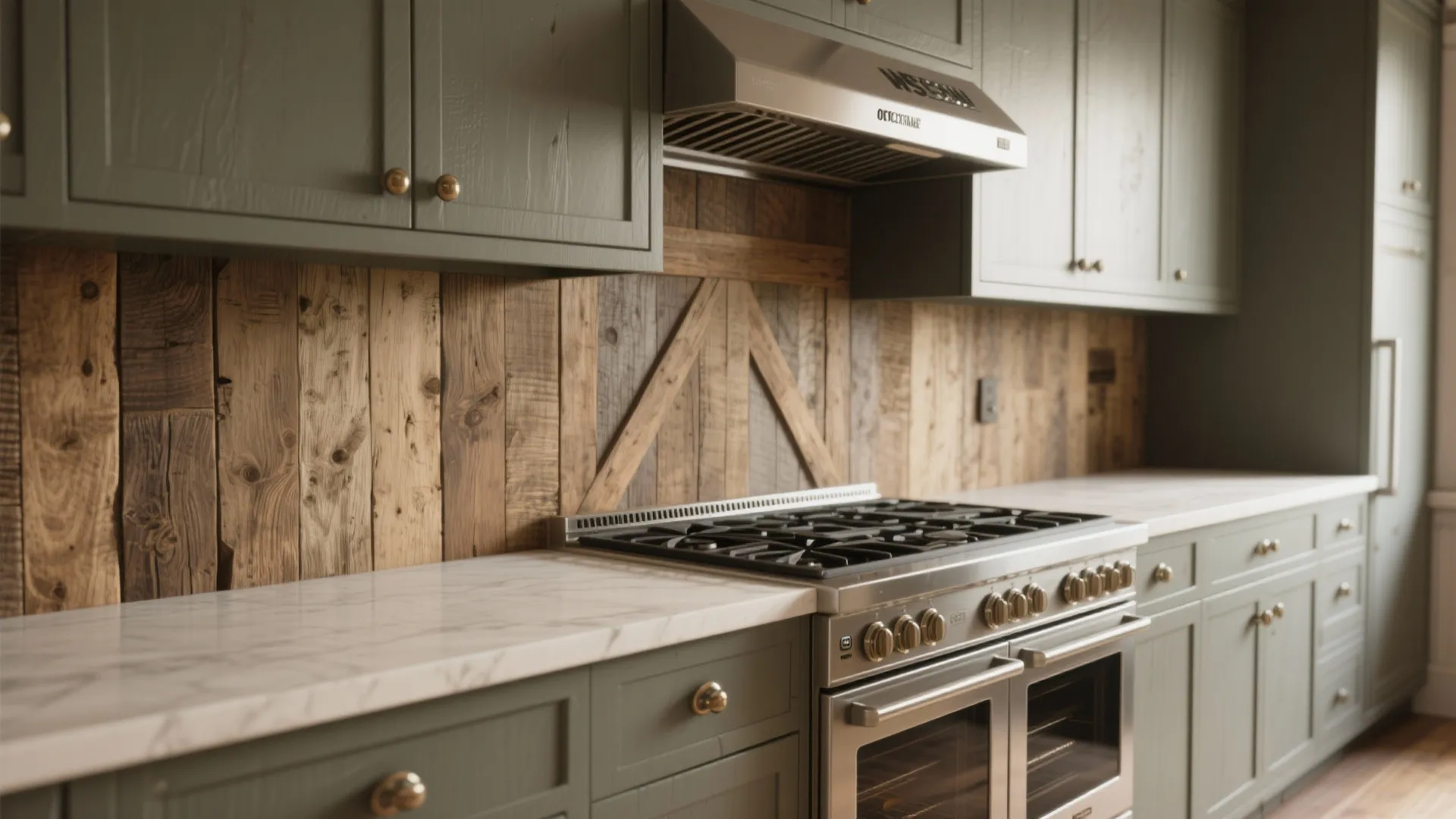 1. Barnboard accent with sleek, compact appliances