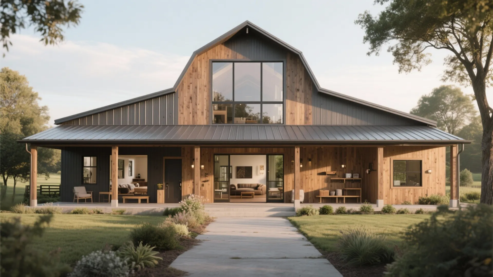 Modern farmhouse exterior with wood siding black metal roof front porch and a green lawn