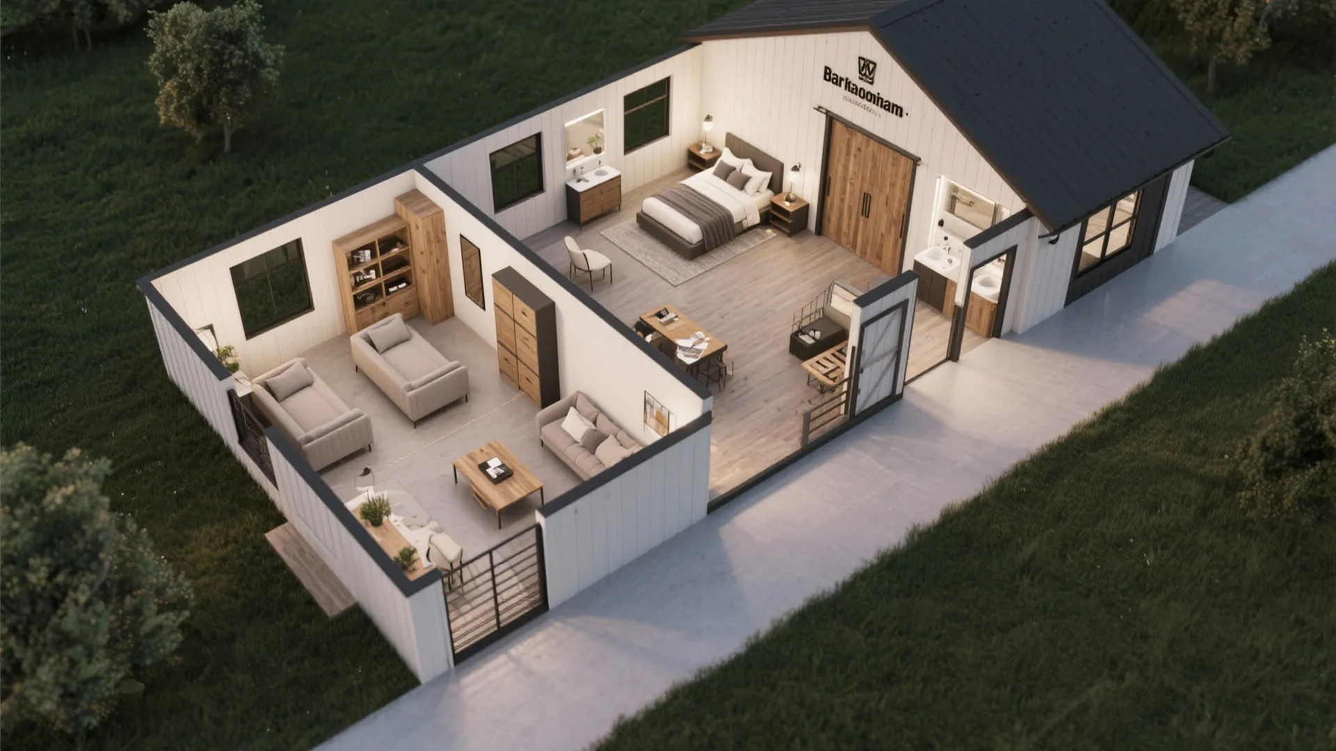 Top-down floor plan visualization showing master on one end and two bedrooms on the other