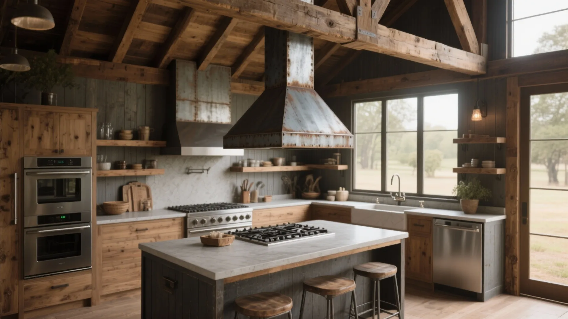 Rustic kitchen with wooden beams metal vent hood large island oven and sink under a window